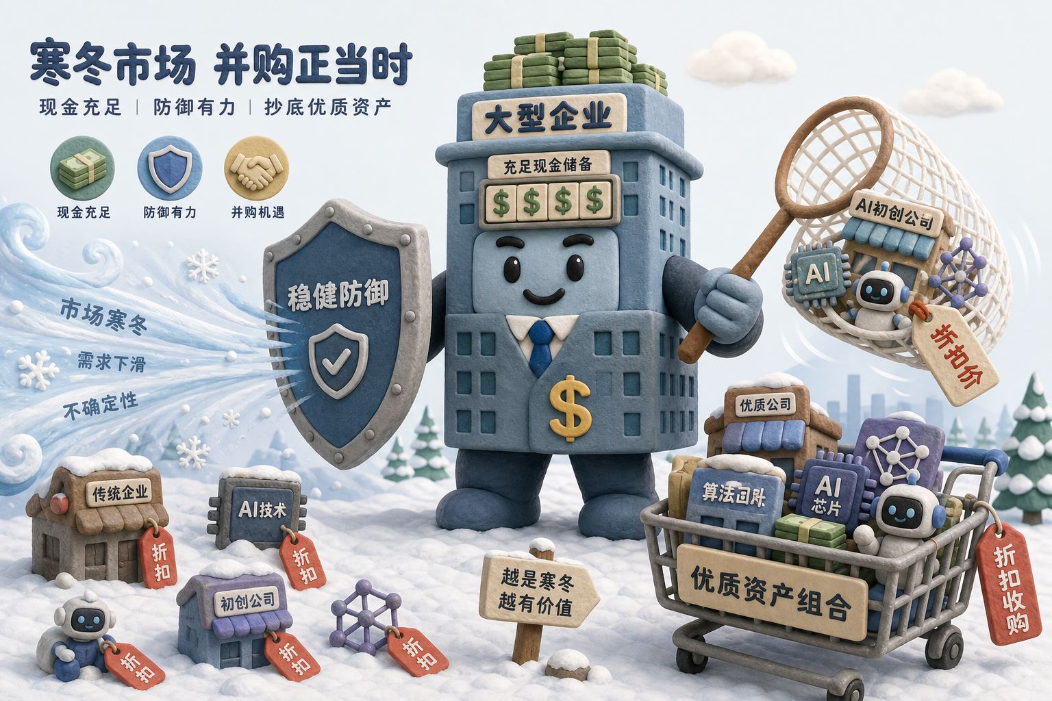 雪地市场中现金充足的大公司举着盾牌和收购网，一边抵御寒风一边把打折资产与小型AI公司收入购物车，浅色背景的商业评论版橡皮泥平面信息图的统一风格。