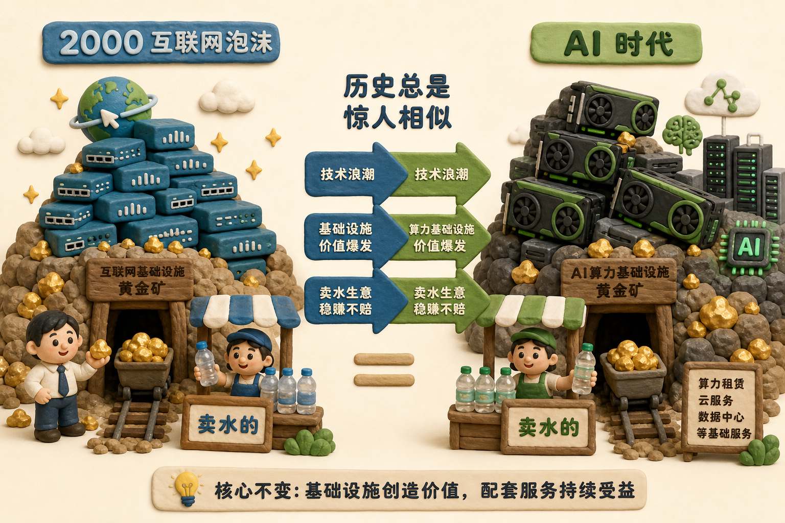 左侧是2000年互联网泡沫里的思科路由器堆成金矿旁的卖水摊，右侧是AI时代英伟达算力卡堆成新卖水摊，中间用对比箭头连接，浅色背景的商业评论版橡皮泥平面信息图的统一风格。