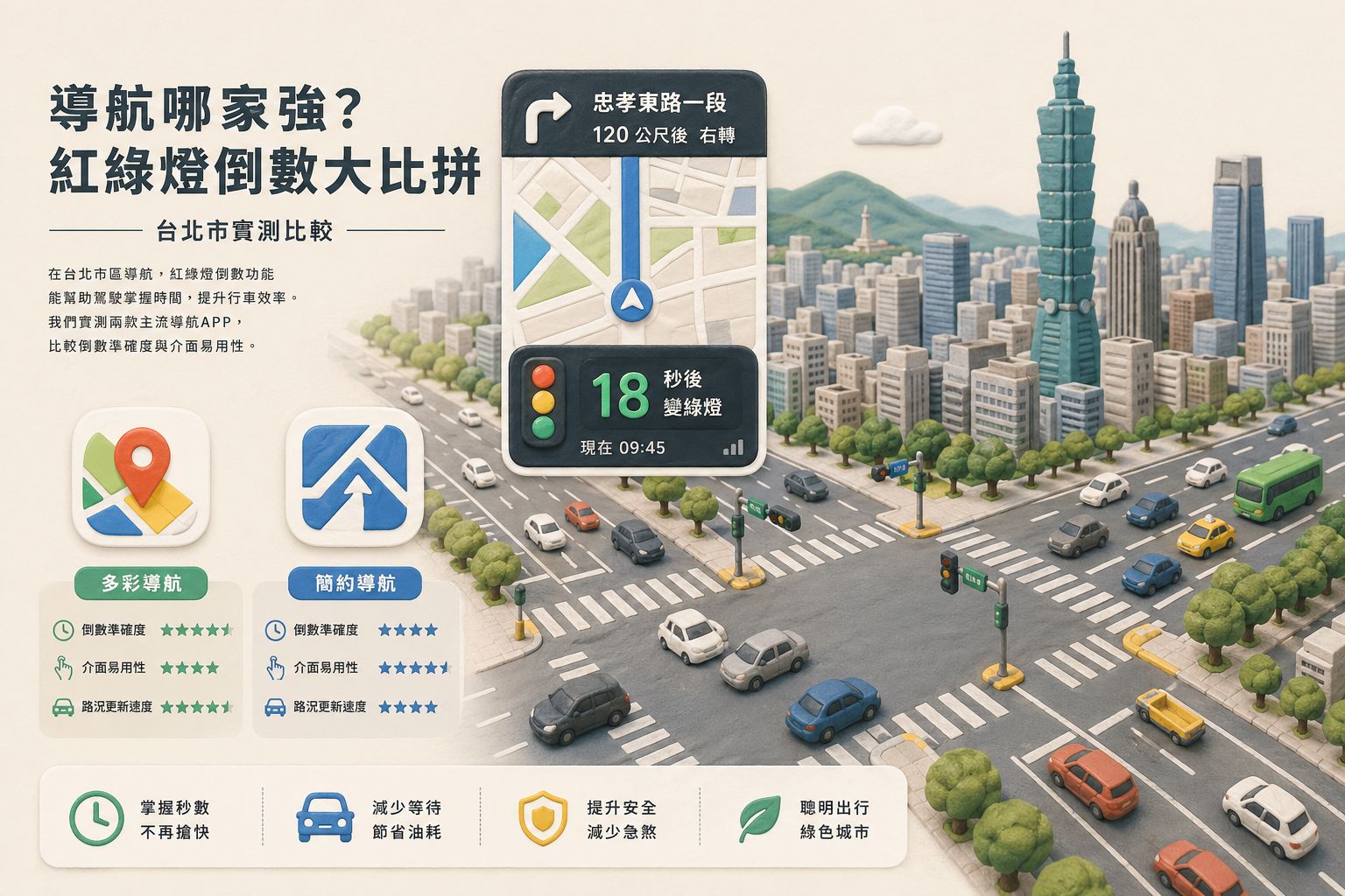 台北街头十字路口俯视图，手机导航界面悬浮显示红绿灯倒计时，旁边有谷歌地图与高德地图两个应用图标形成对比，远处是台湾城市天际线和车流，浅色背景的商业评论版橡皮泥平面信息图的统一风格。