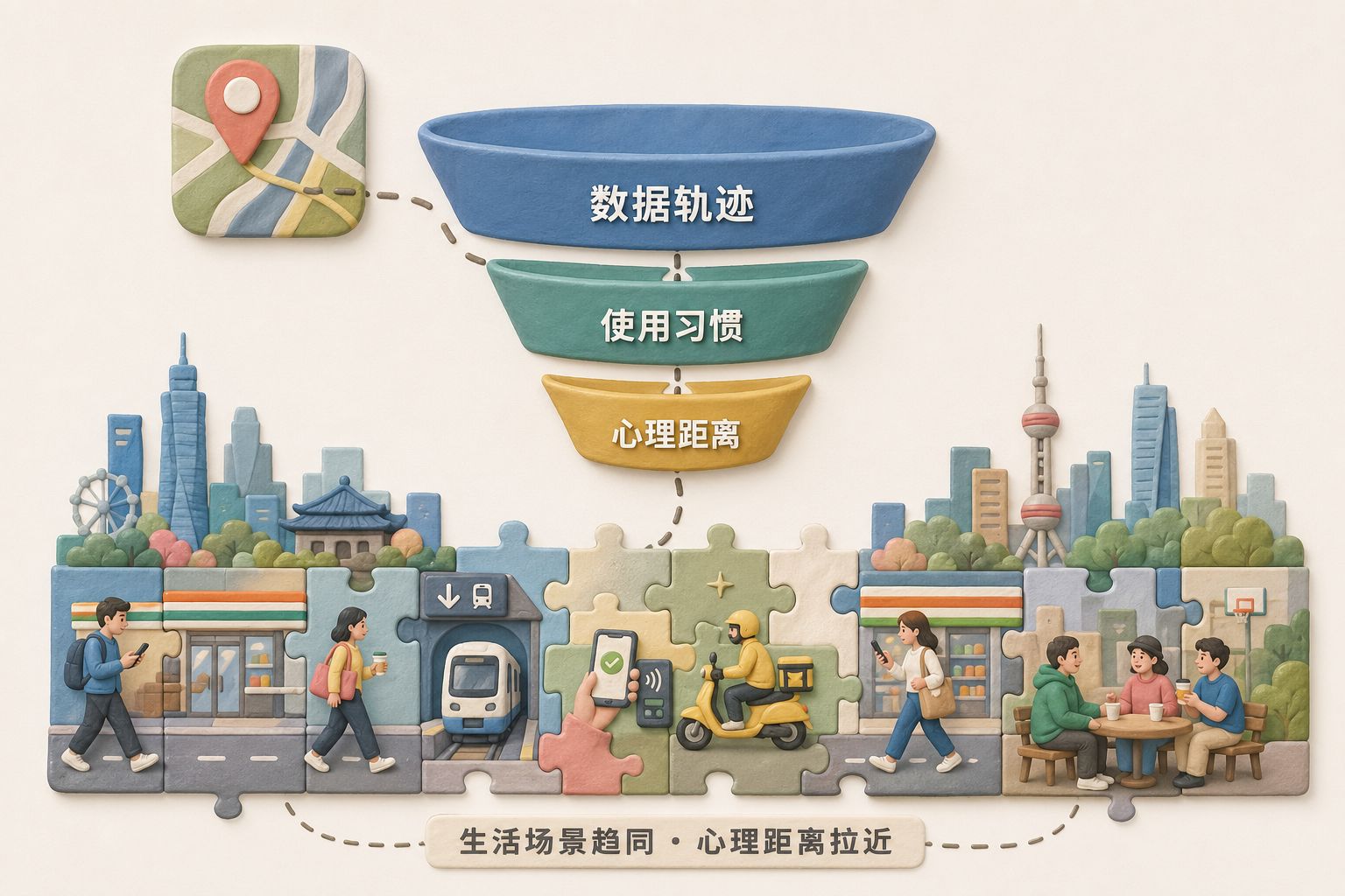 三层递进的影响漏斗从高德地图图标延伸到台湾社会，依次标注数据轨迹、使用习惯、心理距离，底部是两岸城市生活场景逐渐相似的拼图，浅色背景的商业评论版橡皮泥平面信息图的统一风格。