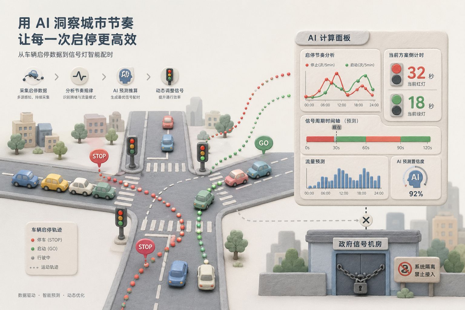 一个路口上多辆小车从停止到启动形成数据点轨迹，旁边的 AI 计算面板把车辆启停节奏推算成红绿灯倒计时，封闭的政府信号机房在远处被锁住，浅色背景的商业评论版橡皮泥平面信息图的统一风格。