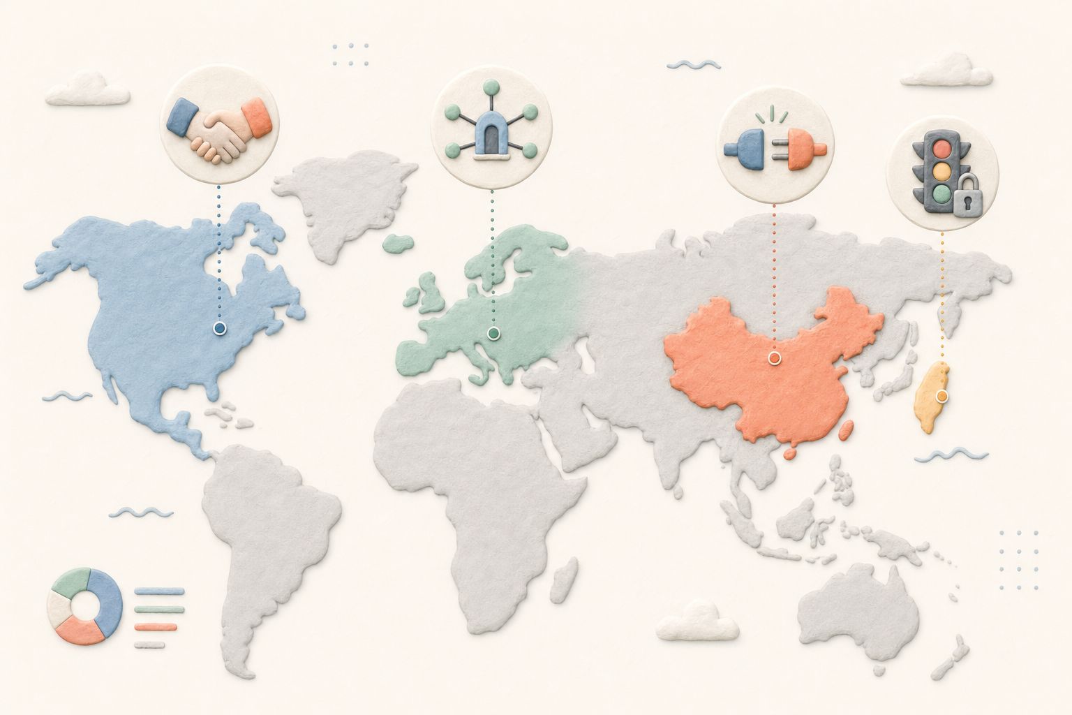 世界地图被分成中国大陆、台湾、美国、欧洲四个区域，每个区域上方分别有开放接口、锁住信号灯、握手合作、分散数据门户的小图标，浅色背景的商业评论版橡皮泥平面信息图的统一风格。