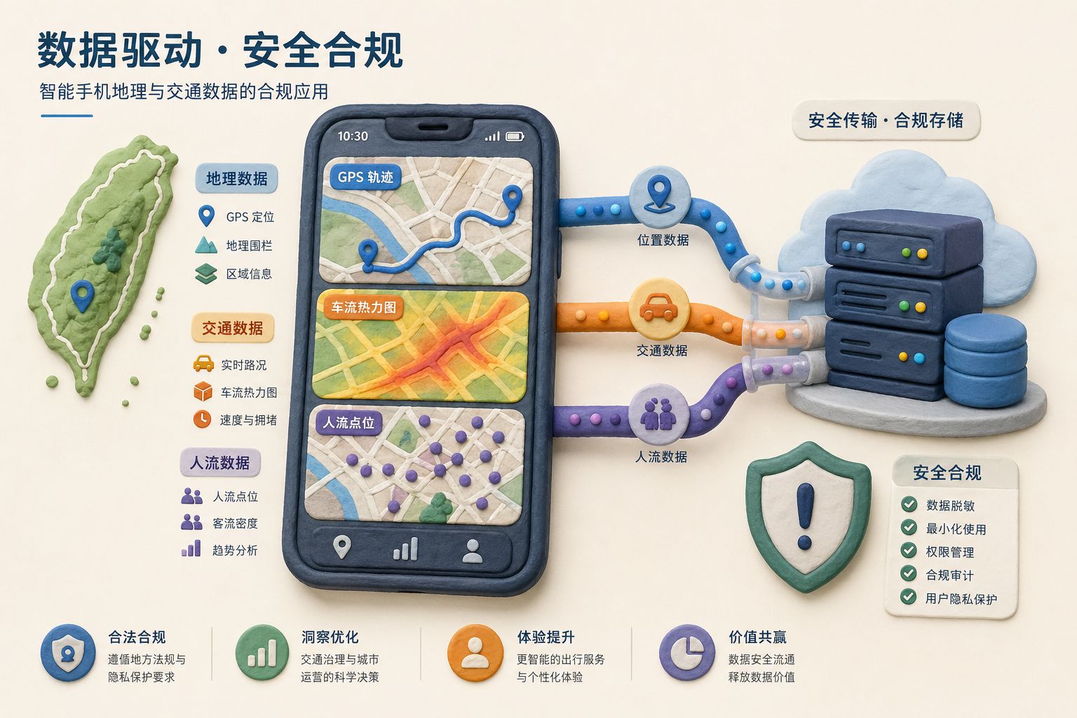 一部手机把 GPS 轨迹、车流热力和人流点位传向远端服务器，旁边有台湾岛轮廓、盾牌警示符号和数据管道，浅色背景的商业评论版橡皮泥平面信息图的统一风格。