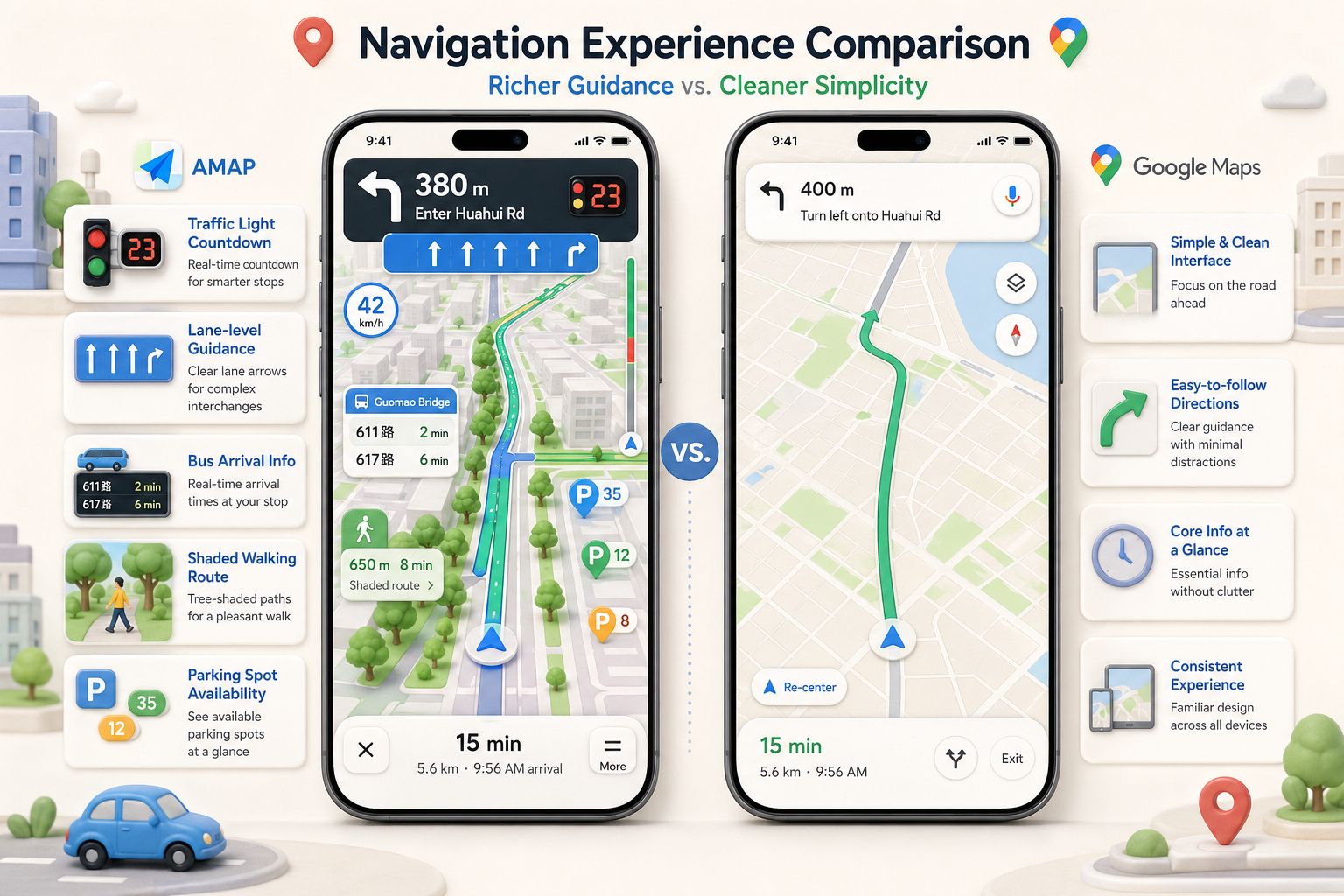 两部并排手机对比导航体验，一边显示高德的红绿灯倒数、车道级箭头、公交到站、树荫步行路线和停车位气泡，另一边显示较简洁的谷歌地图界面，浅色背景的商业评论版橡皮泥平面信息图的统一风格。