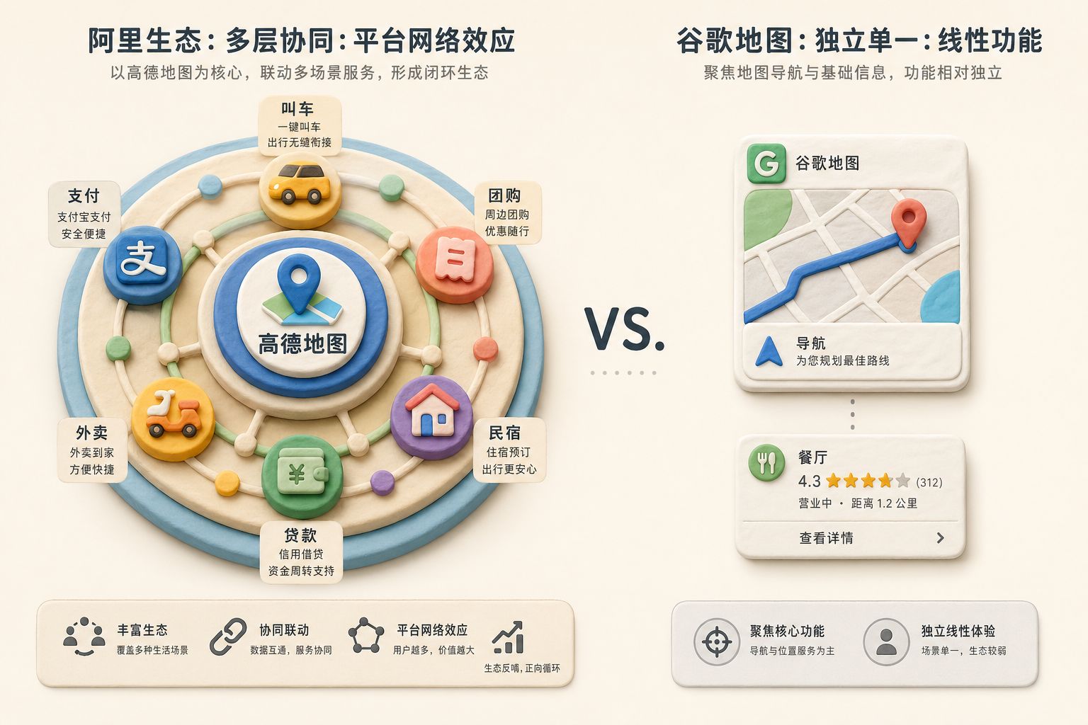 阿里生态像一个多层商业圆盘围绕高德地图旋转，圆盘上有叫车、支付、团购、民宿、外卖、贷款等小模块，另一侧谷歌地图是单独的导航与点评卡片，浅色背景的商业评论版橡皮泥平面信息图的统一风格。