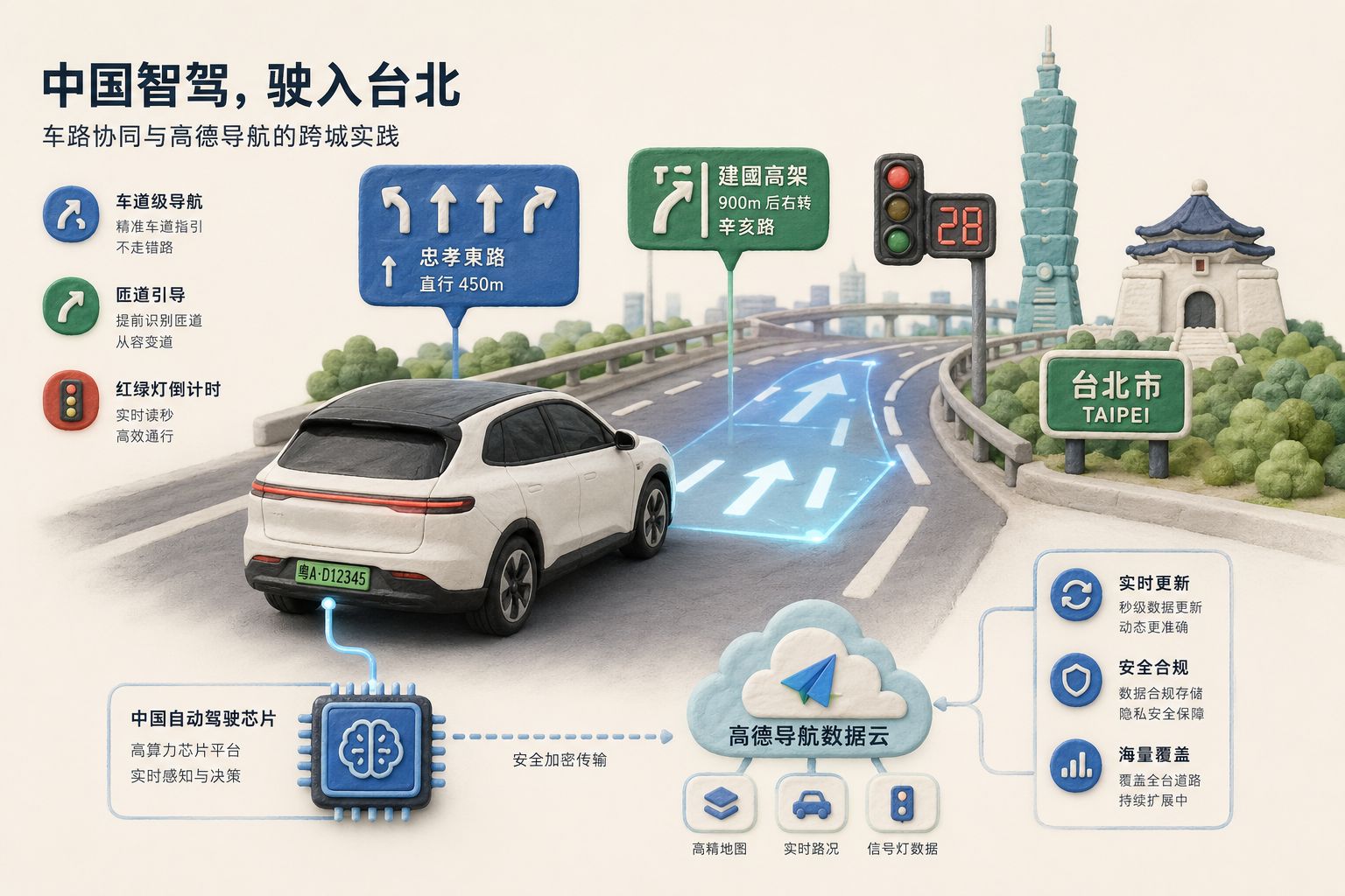 一辆中国电动车驶入台北道路，车前方投影出车道级箭头、匝道引导和红绿灯倒计时，后方连接着自动驾驶芯片与高德导航数据云，浅色背景的商业评论版橡皮泥平面信息图的统一风格。