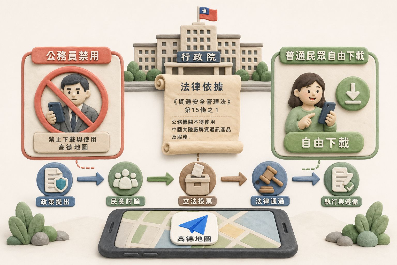 台湾行政机构大楼前有一部手机上的高德地图图标，公务员禁用标识和普通民众自由下载按钮并排出现，中间隔着法律条文卷轴和投票流程箭头，浅色背景的商业评论版橡皮泥平面信息图的统一风格。