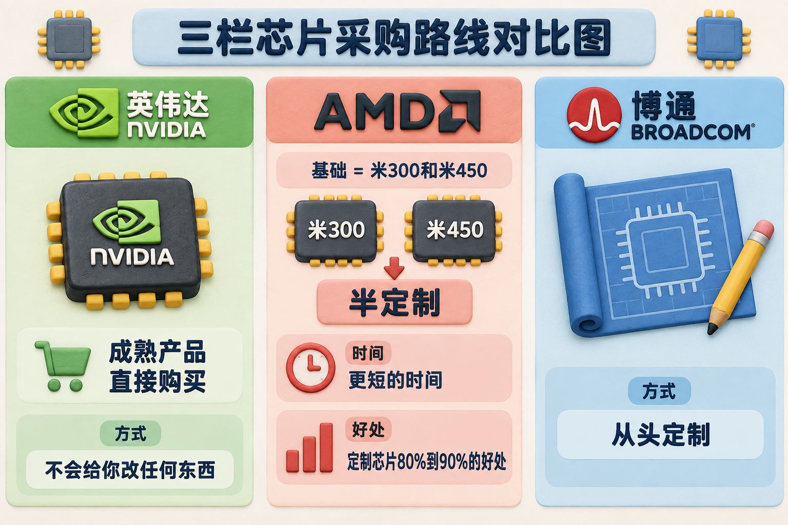 三栏芯片采购路线对比图，左栏英伟达是成熟产品直接购买，中栏AMD是在米300和米450基础上半定制，右栏博通是从头定制；中栏突出更短时间与定制收益区间