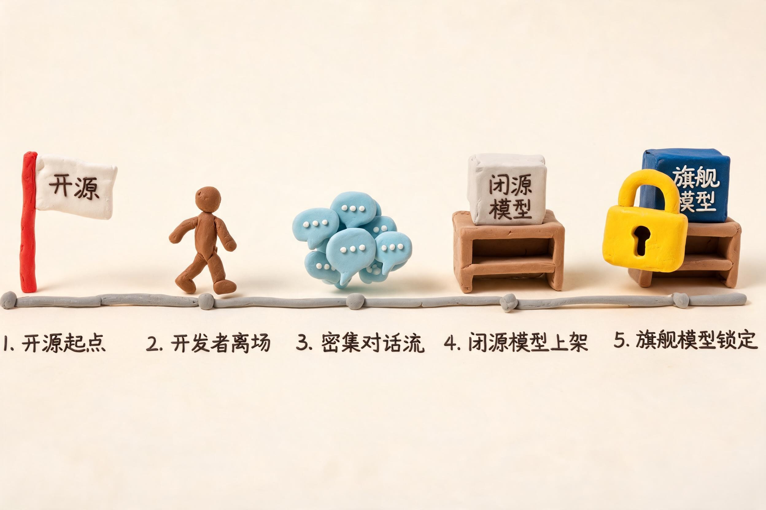 一条时间轴从开源旗帜开始，经过人物离场、密集对话流、闭源模型上架，最后停在锁住的旗舰模型货架前，浅色背景的商业评论版橡皮泥平面信息图的统一风格。