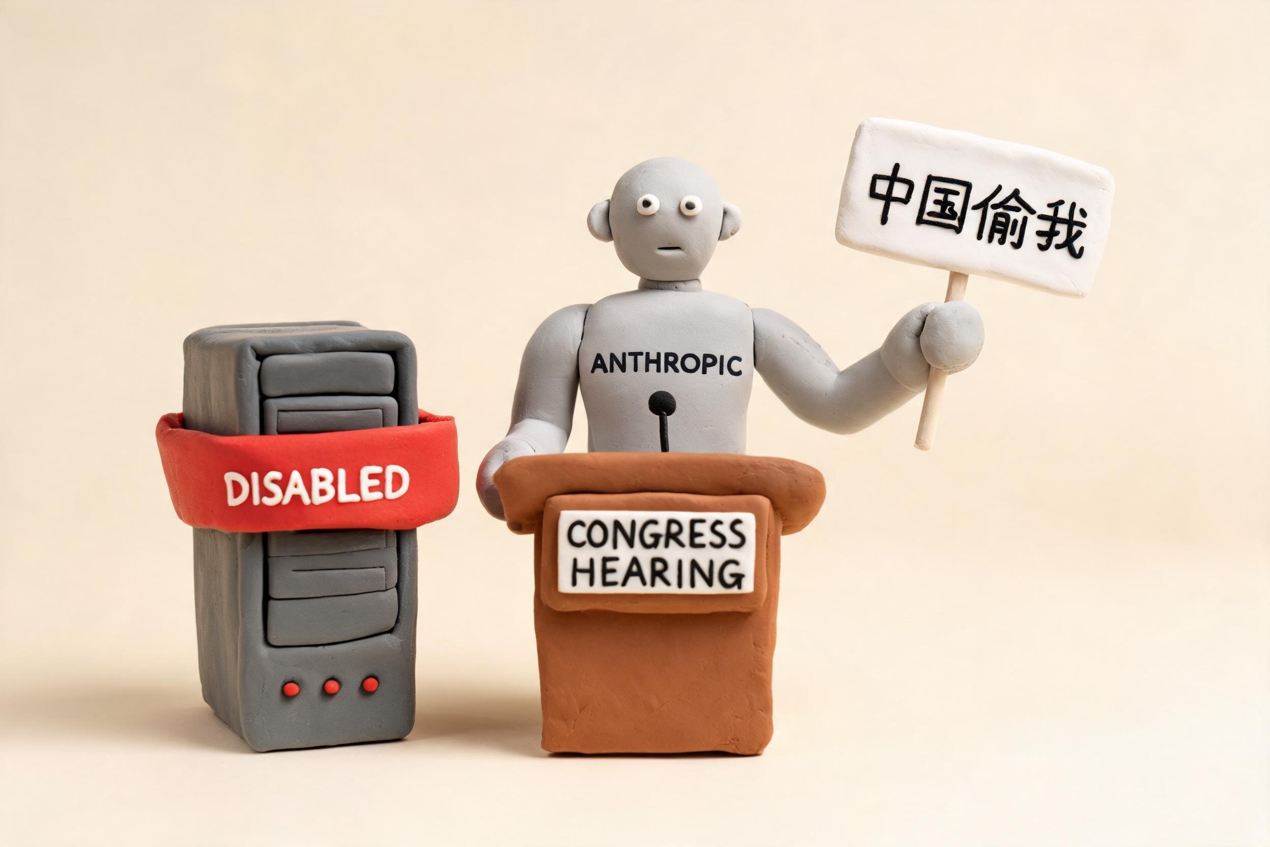 Anthropic 站在国会听证会讲台前，一边模型服务器被红色禁用封条压住，另一边举起写有中国偷我字样的求助牌，浅色背景的商业评论版橡皮泥平面信息图的统一风格。