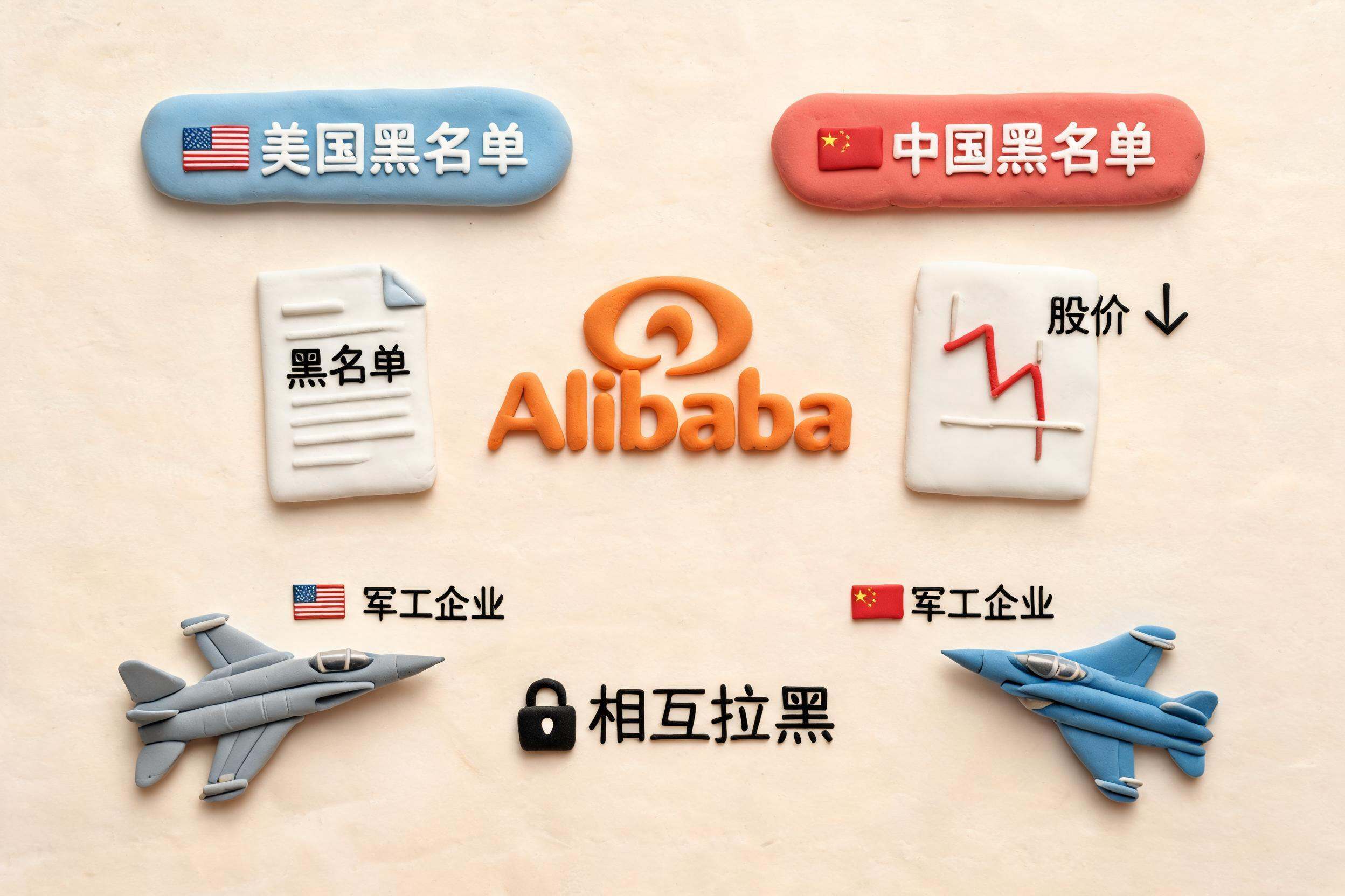 美国和中国两张清单像棋盘一样对峙，阿里标识被夹在黑名单文件和下跌股价曲线之间，旁边有军工企业小图标相互拉黑，浅色背景的商业评论版橡皮泥平面信息图的统一风格。