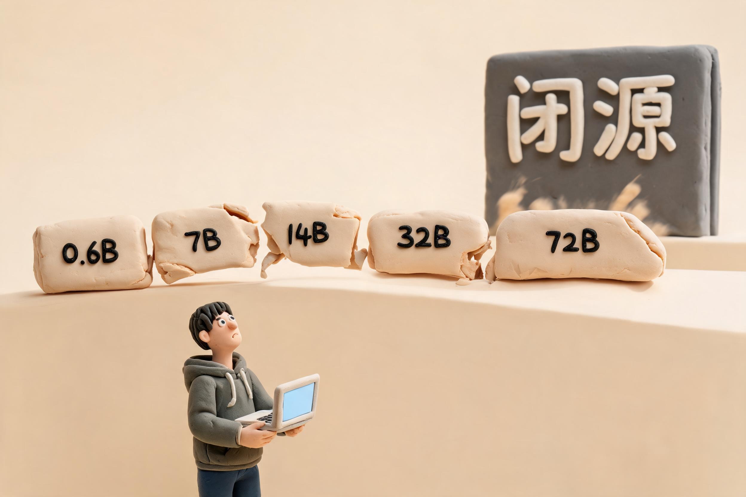 一座由 0.6B、7B、14B、32B、72B 等模型积木搭成的开源桥梁正在断裂，普通开发者拿着笔记本电脑站在桥下仰望，远处闭源高墙升起，浅色背景的商业评论版橡皮泥平面信息图的统一风格。