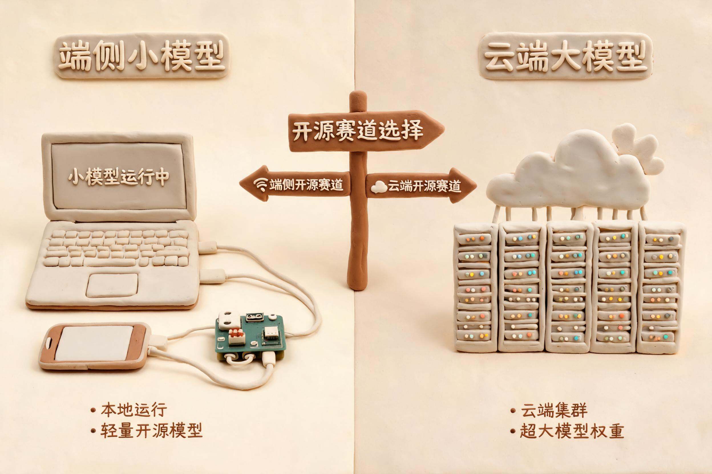 画面左右对比，左侧是一台普通笔记本连接手机和嵌入式设备运行小模型，右侧是巨型云机房承载庞大模型权重，中间用分叉路牌标出两条开源赛道，浅色背景的商业评论版橡皮泥平面信息图的统一风格。