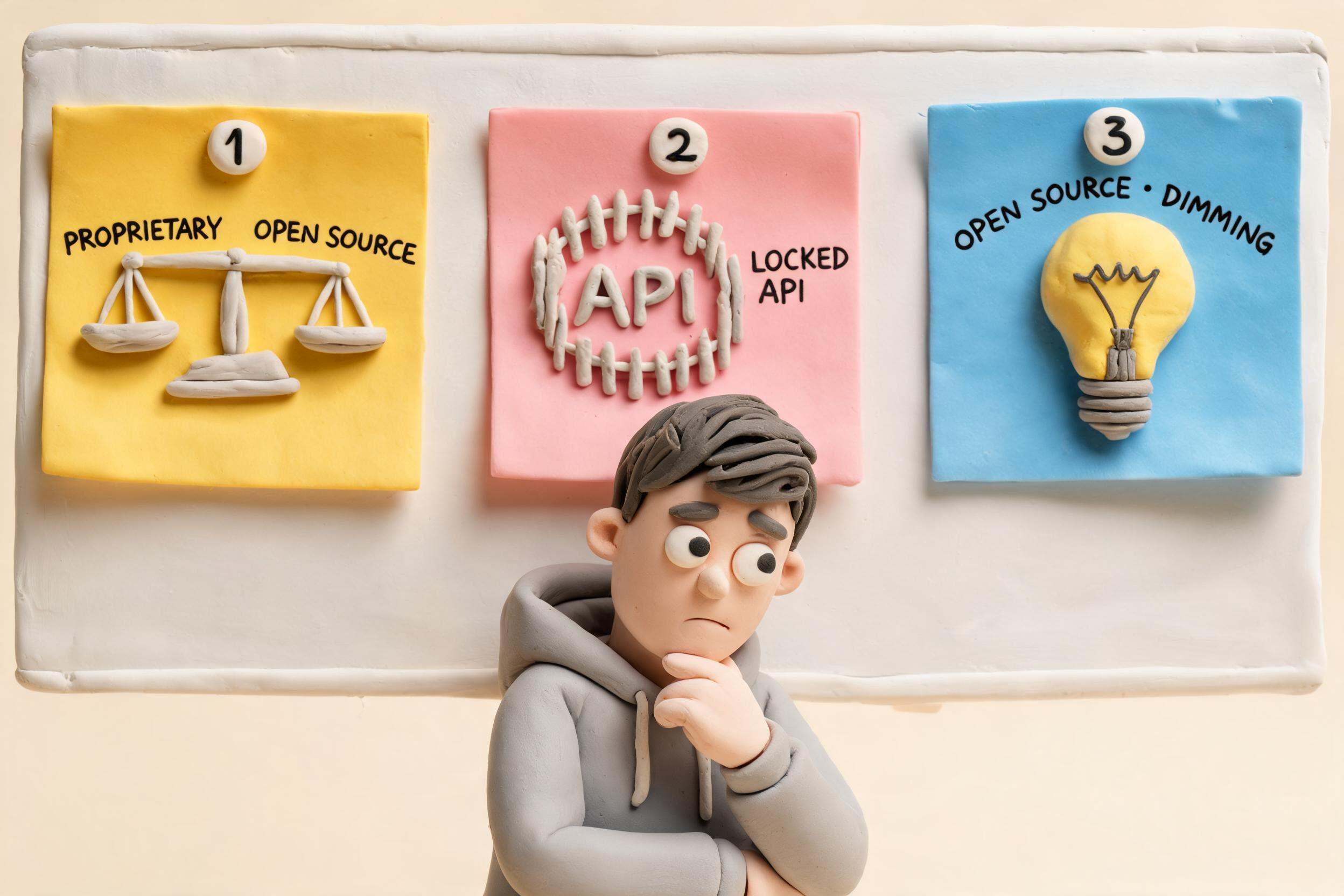 三张便签贴在一块浅色白板上，分别画着天平、围栏里的 API、逐渐熄灭的开源灯泡，白板前站着普通开发者思考未来方向，浅色背景的商业评论版橡皮泥平面信息图的统一风格。