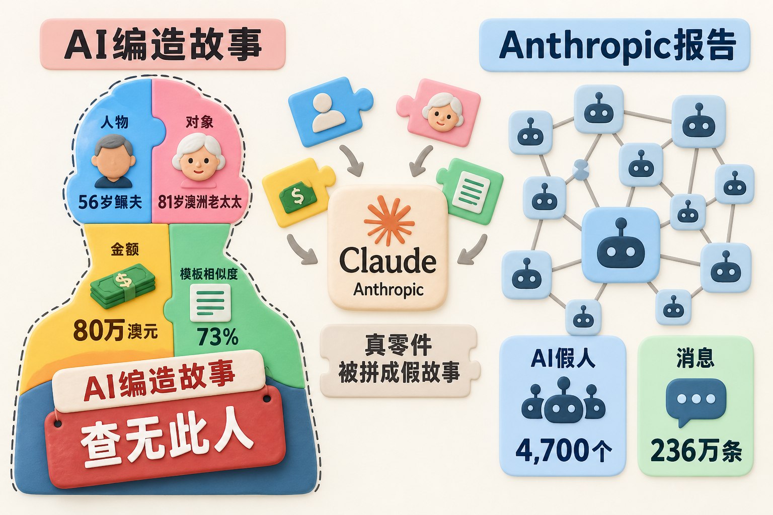 封面采用左右对照构图,左侧是由年龄、金额、地点和相似度标签拼成的虚构约会人物剪影,明确标注“AI编造故事”“查无此人”;右侧是Anthropic报告中的AI假人消息网络,Claude图标位于两组信息之间,表现真零件被拼成假故事