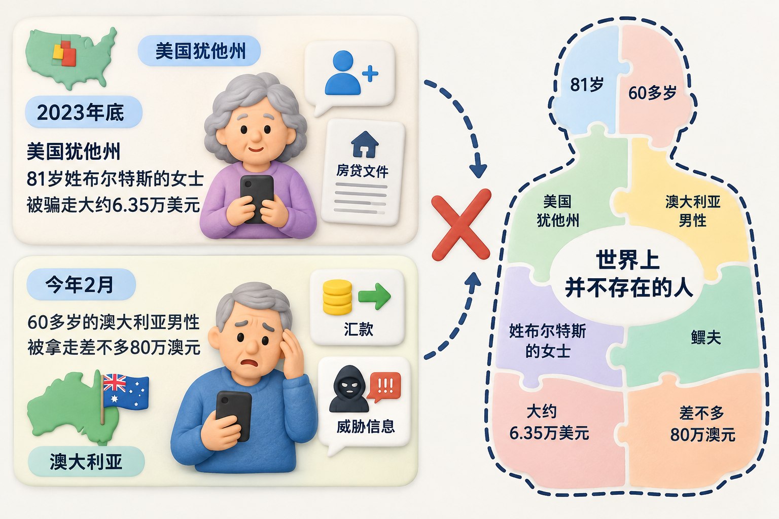 画面以两张互相独立的事件卡片为左侧来源,一张是美国犹他州的社交好友申请与房贷文件符号,另一张是澳大利亚男性面对汇款和威胁信息;右侧把年龄、金额、国籍和鳏夫模板拼入一个空心人物轮廓,轮廓中央标注“世界上并不存在的人”,清楚表现真实事件不能合并为同一人物