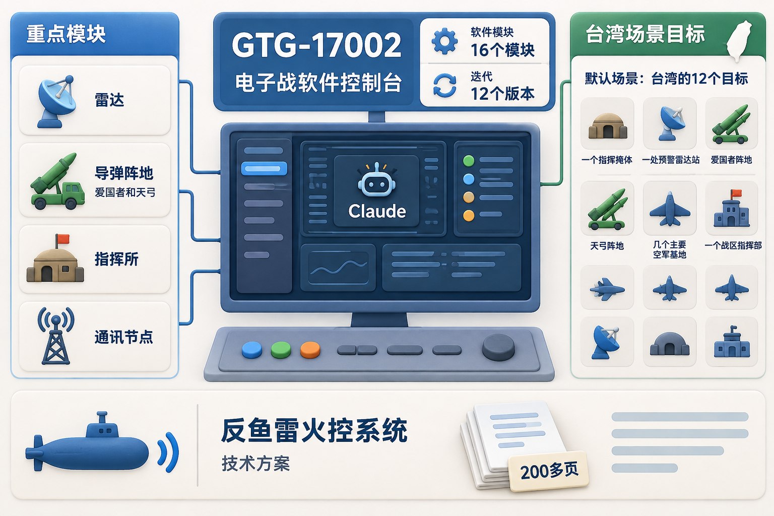 画面以电子战软件控制台的正视平面示意为中心,左侧模块卡片列出雷达、导弹阵地、指挥所和通讯节点,右侧台湾场景目标以分类图标排列;下方另设反鱼雷火控系统技术方案卡片,不展示真实战术地图或额外目标位置