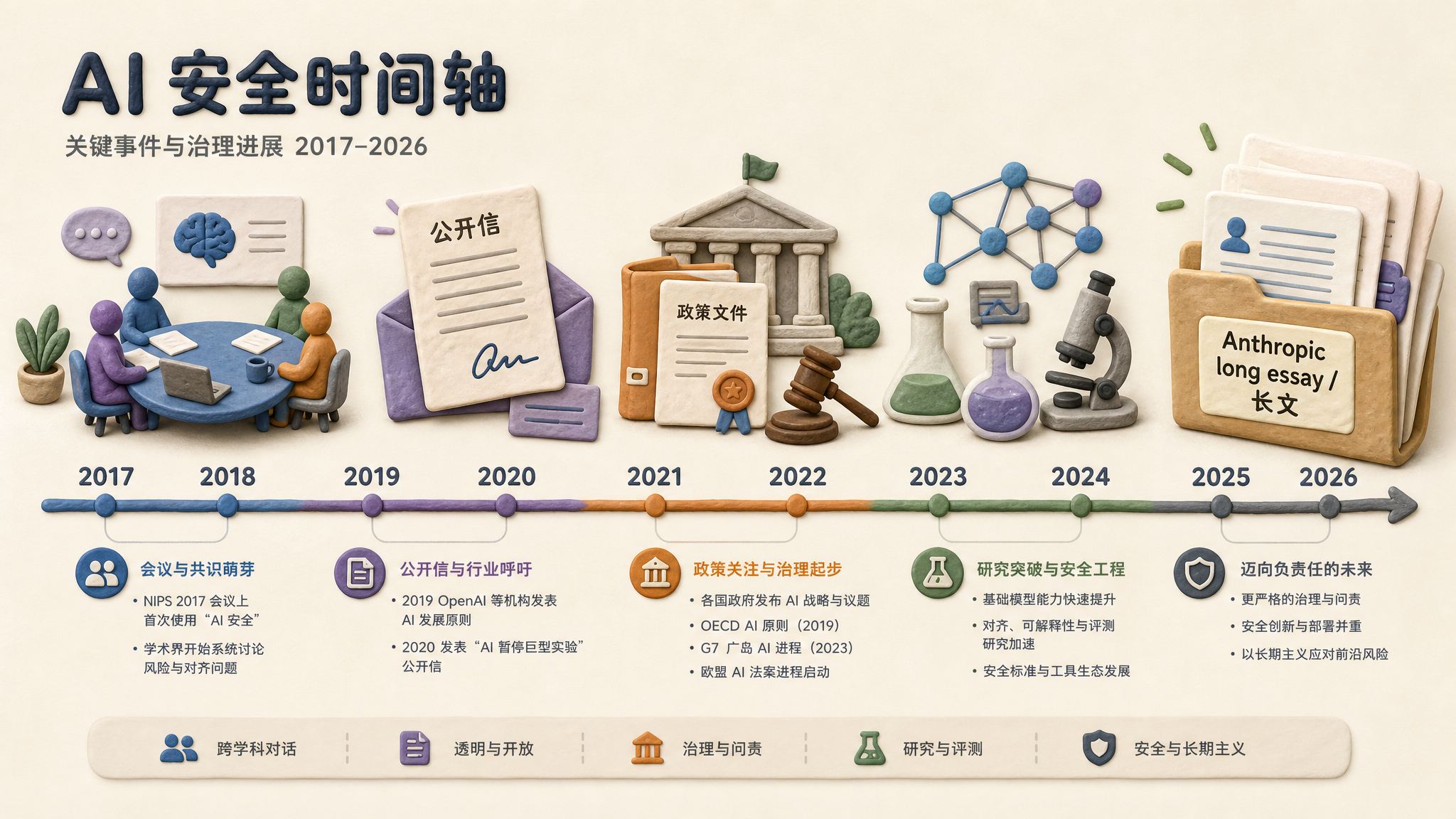 一条从 2017 到 2026 的 AI 安全时间轴穿过会议桌、公开信、政府文件和实验室图标,末端停在 Anthropic 长文文件夹上,浅色背景的商业评论版橡皮泥平面信息图的统一风格。