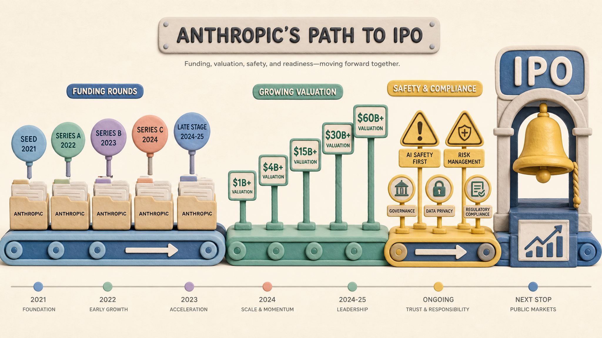 一条紧凑的融资到 IPO 时间线像传送带一样推着 Anthropic 文件、美元估值牌和安全警告牌同时向上市钟前移动,浅色背景的商业评论版橡皮泥平面信息图的统一风格。