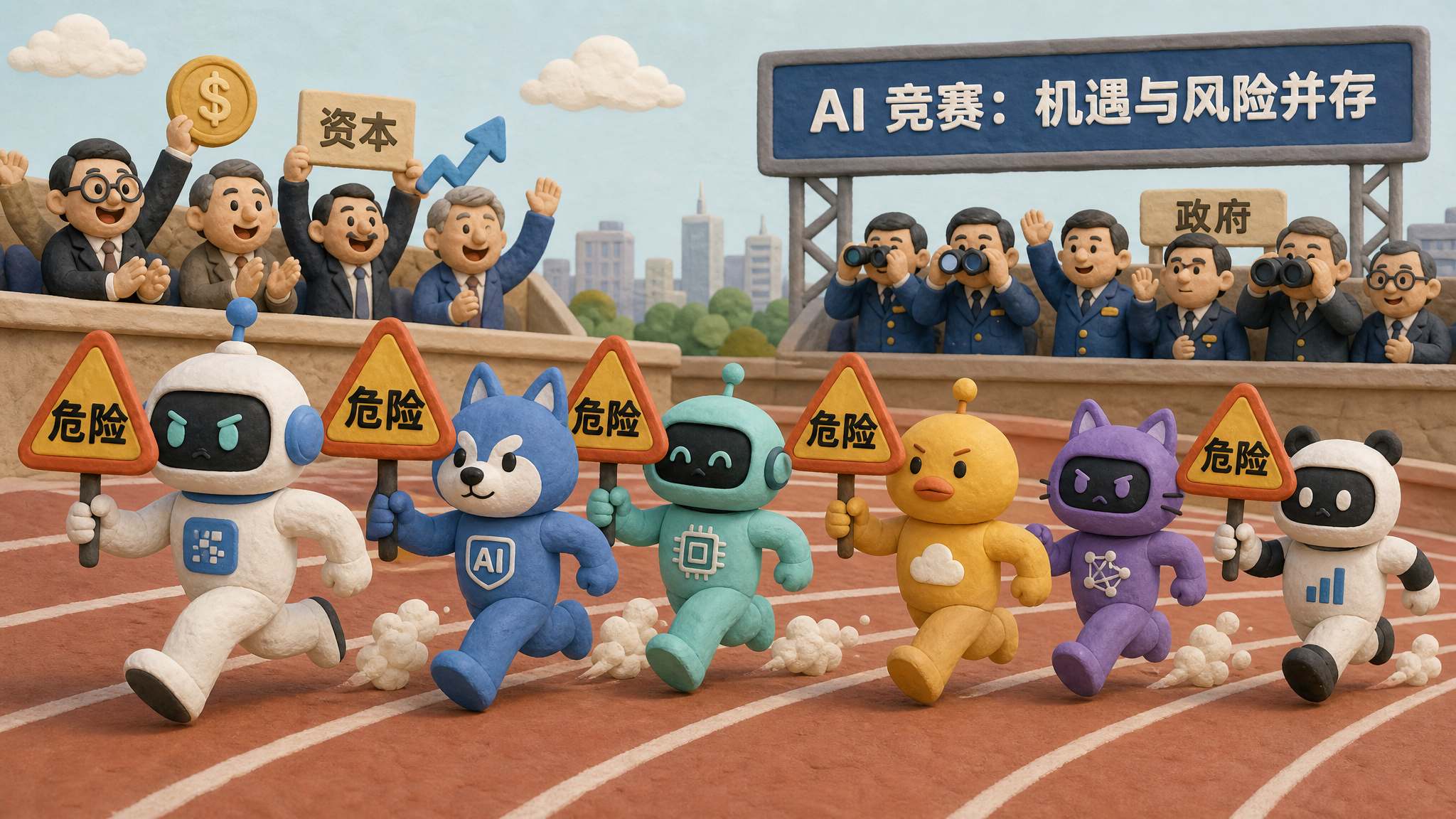 多家 AI 公司吉祥物举着“危险”警示牌在同一条赛道上向前冲刺,观众席上资本和政府角色同时挥舞望远镜,浅色背景的商业评论版橡皮泥平面信息图的统一风格。
