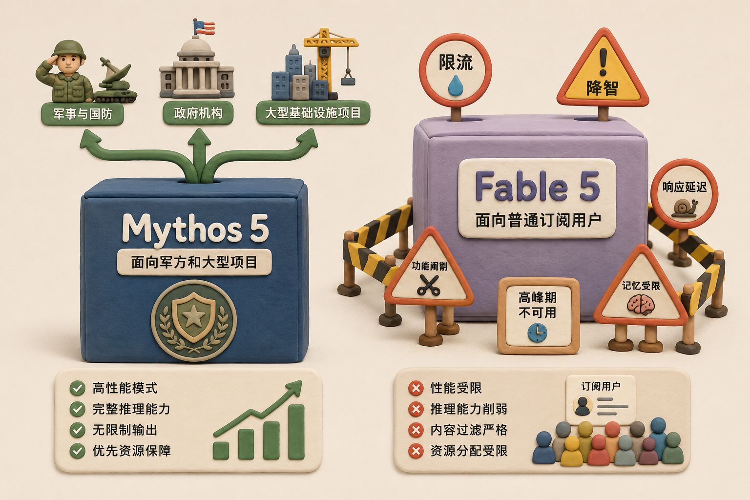 两个 AI 模型盒子并排展示，一个标着 Mythos 5 通向军方和大型项目，一个标着 Fable 5 面向普通订阅用户但被限流和降智警示牌围住，浅色背景的商业评论版橡皮泥平面信息图的统一风格。