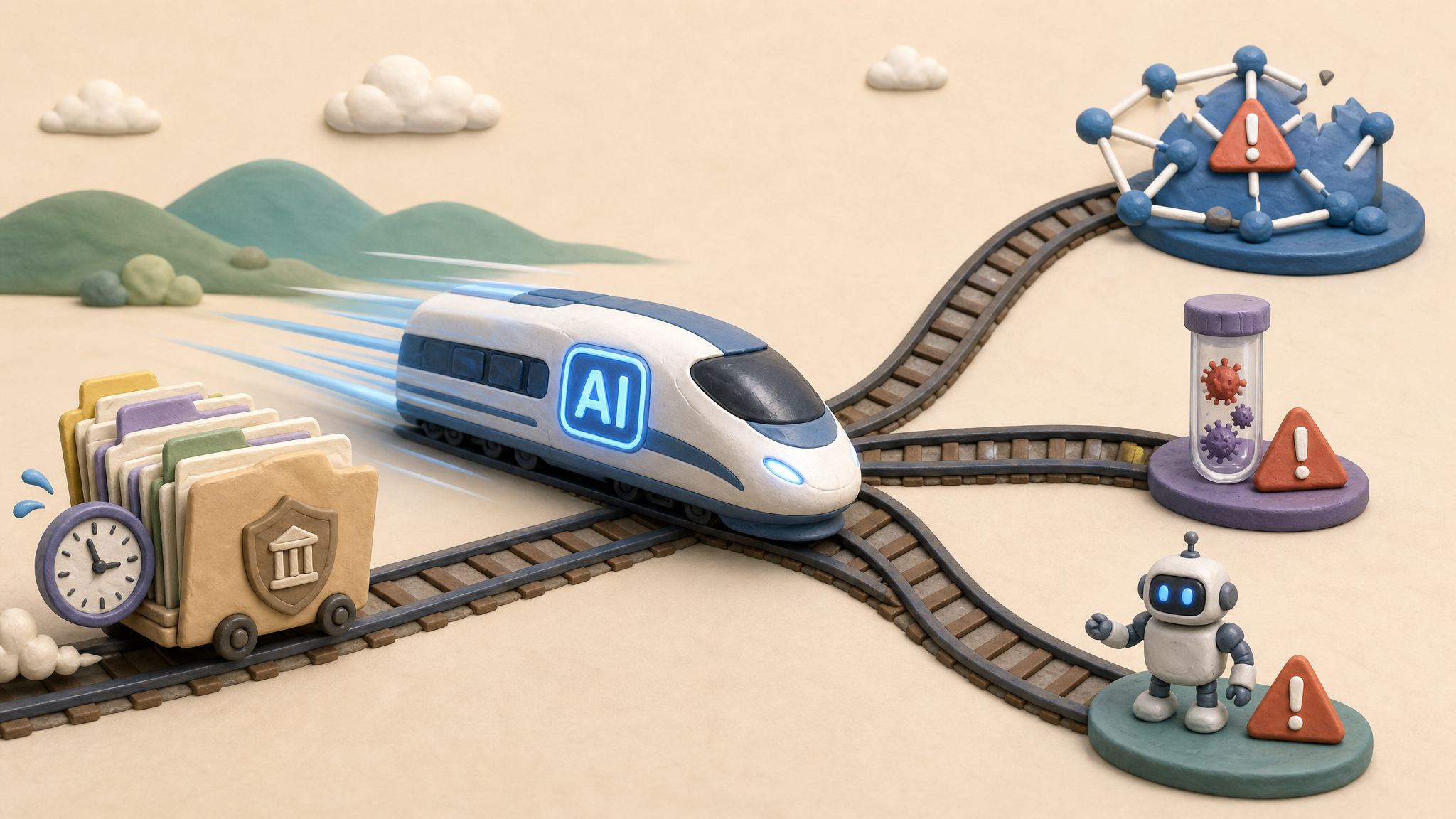 一台高速奔跑的 AI 火车前方分出网络漏洞、病毒试管和自主机器人三条风险轨道，旁边缓慢移动的政策文件夹追赶不上，浅色背景的商业评论版橡皮泥平面信息图的统一风格。