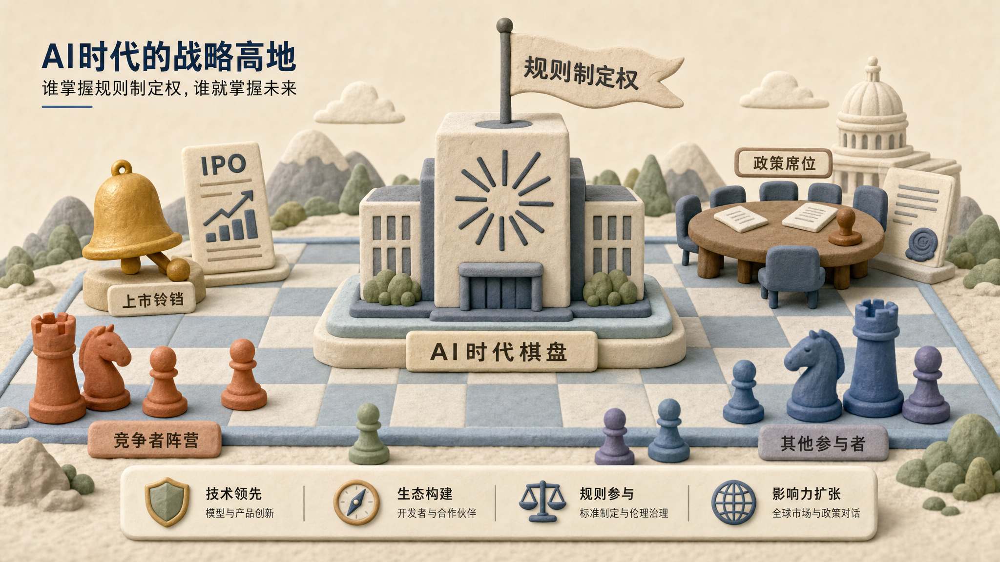 Anthropic 标志化的公司大楼把一枚规则制定权旗帜插到 AI 时代棋盘中央，周围有上市铃铛、政策席位和竞争公司棋子，浅色背景的商业评论版橡皮泥平面信息图的统一风格。