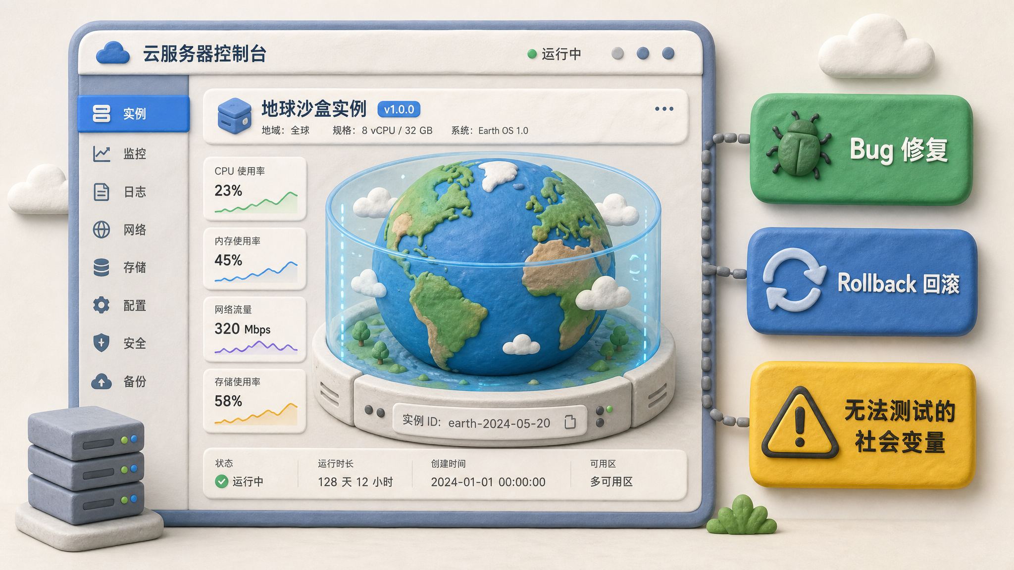 程序员视角的地球被放进云服务器控制台，旁边有 bug 修复、rollback 回滚按钮和无法测试的社会变量警告牌，浅色背景的商业评论版橡皮泥平面信息图的统一风格。