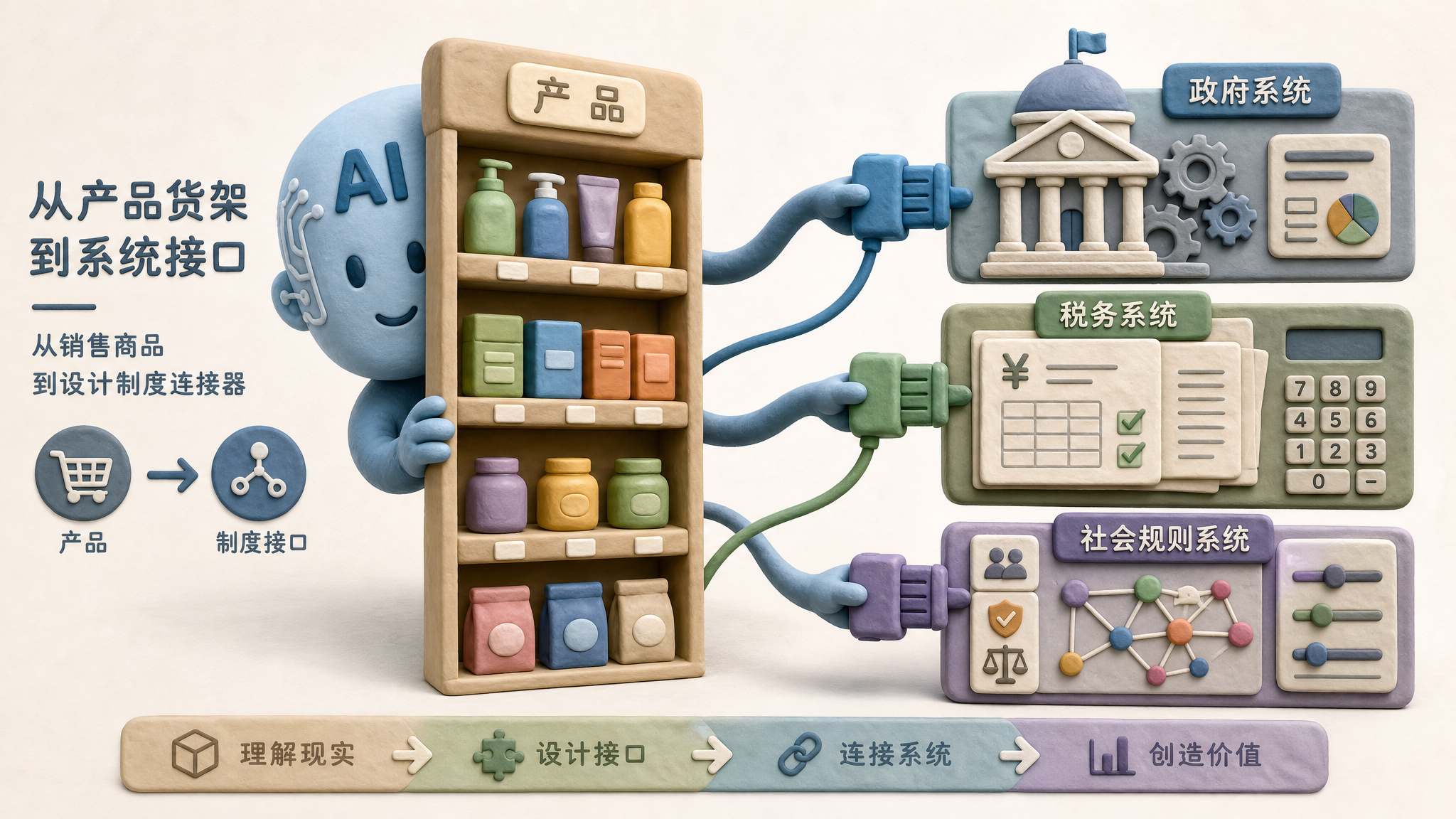 AI 头部公司从产品货架后伸出手，把插头接入政府机器、税收表格和社会规则面板，显示从卖产品转向设计制度接口，浅色背景的商业评论版橡皮泥平面信息图的统一风格。