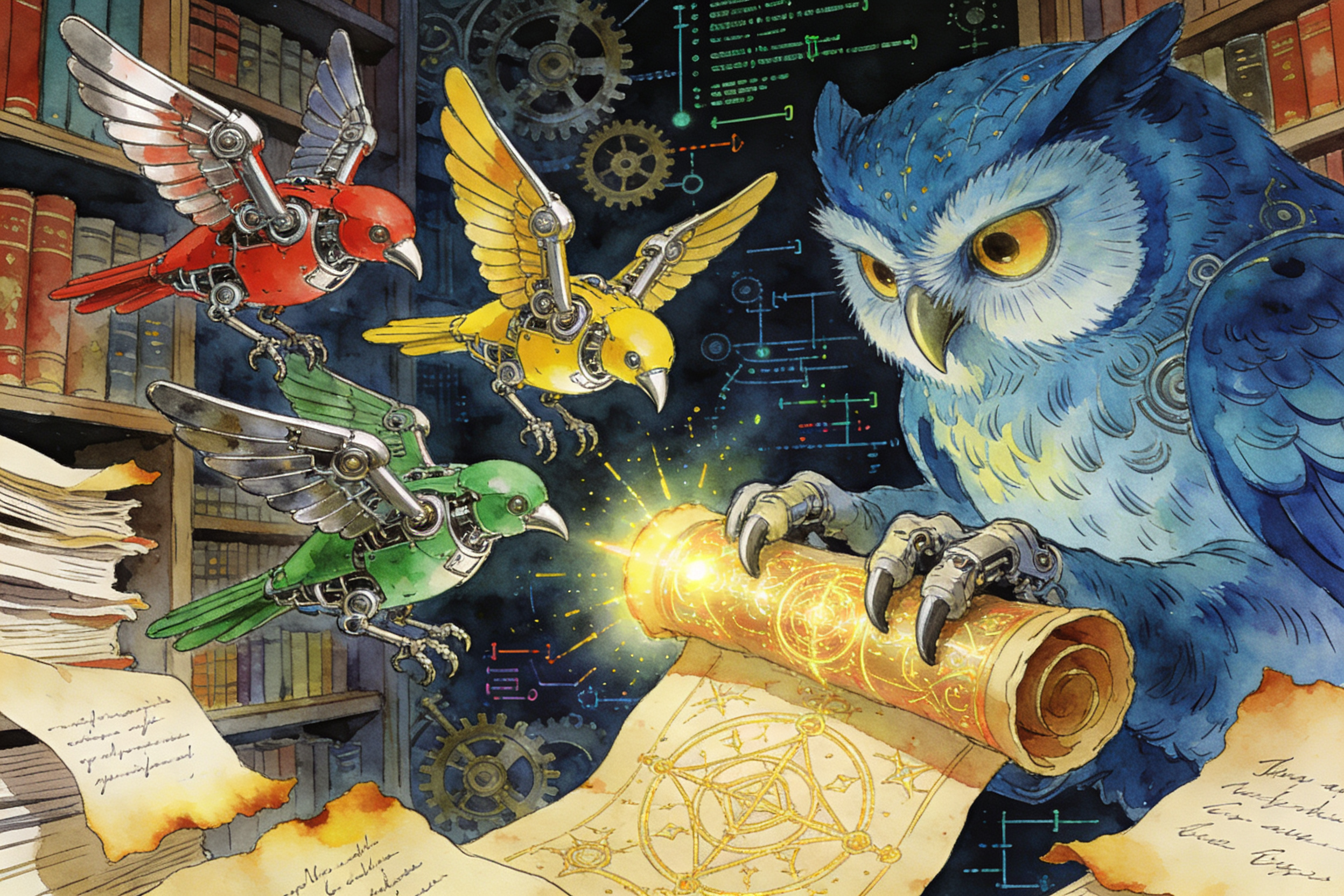 三只不同颜色的机械鸟正在从一只巨大的蓝色猫头鹰那里偷取发光的卷轴，背景是充满齿轮和代码的神秘图书馆，羊皮纸，钢笔彩色手绘的统一风格。