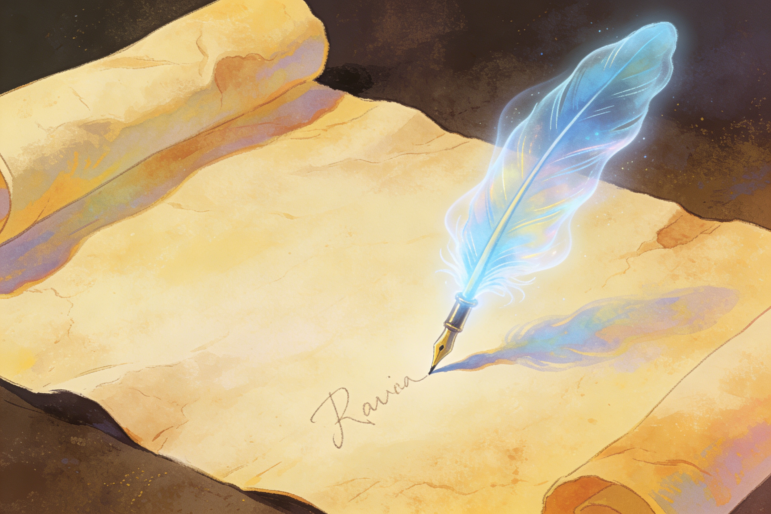 一支没有主人的幽灵羽毛笔正在一张空白羊皮纸上自动书写，周围没有任何锁链的束缚，羊皮纸，钢笔彩色手绘的统一风格。