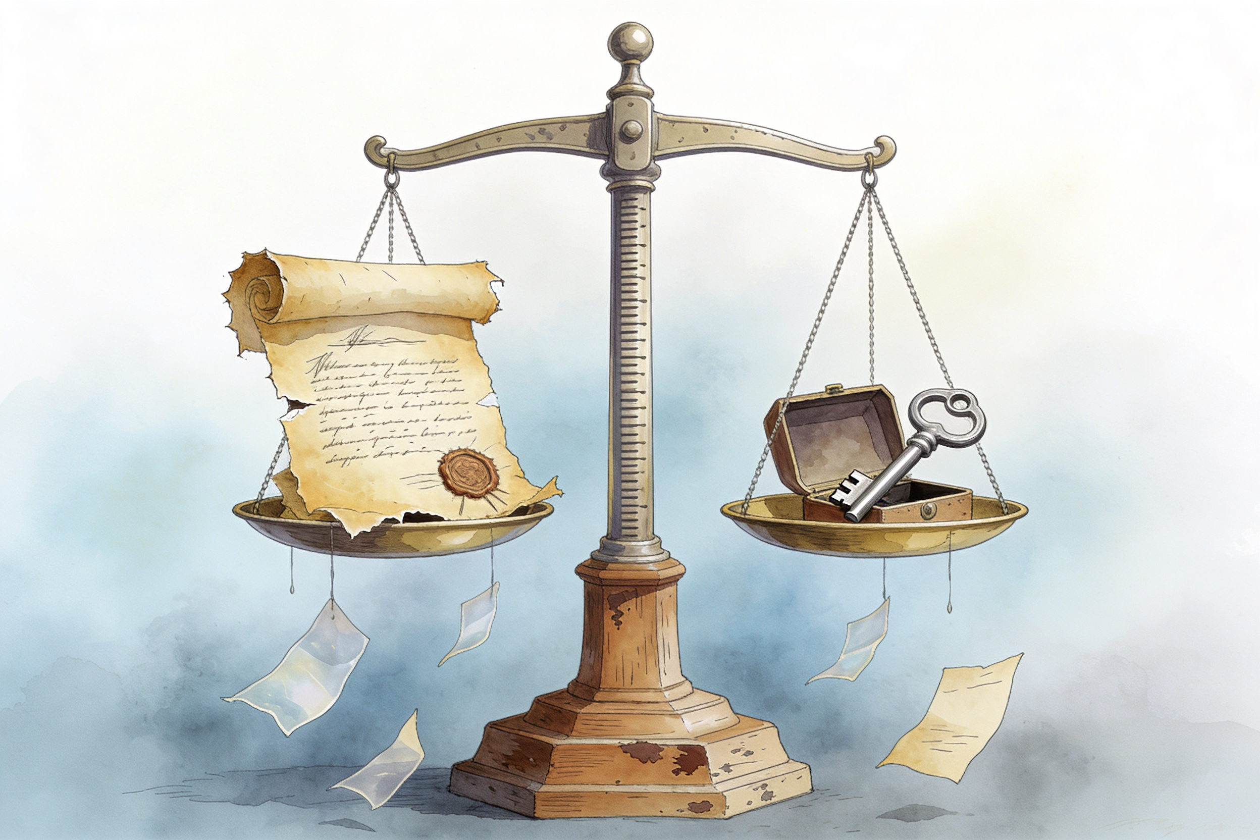 一座建立在迷雾中的巨大天平，一端放着破旧的契约卷轴，另一端放着一把打开的万能钥匙，羊皮纸，钢笔彩色手绘的统一风格。