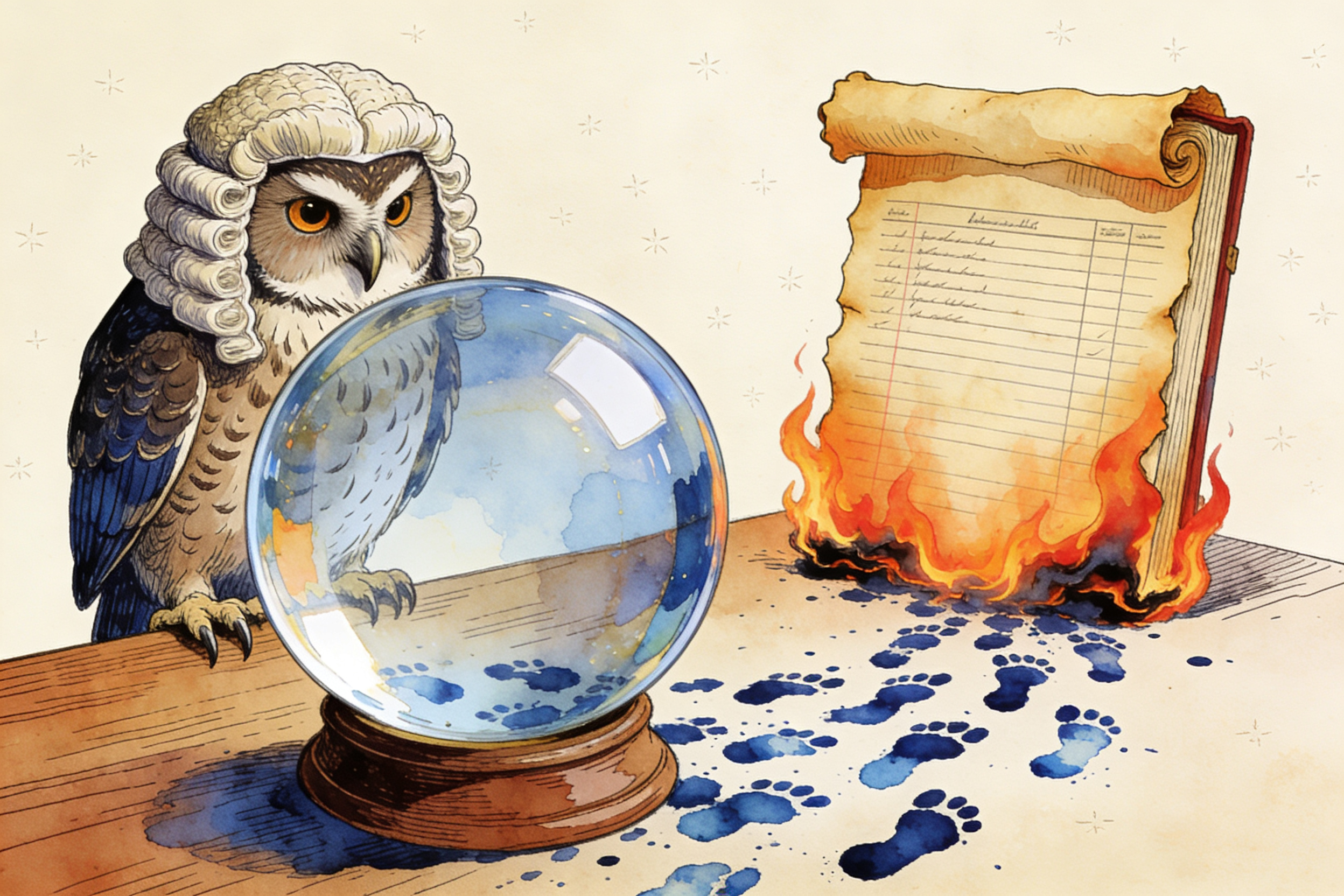 戴着法官假发的猫头鹰正透过一个巨大的水晶球凝视着地上杂乱的墨水脚印，旁边有一本即将被烧毁的账册，羊皮纸，钢笔彩色手绘的统一风格。