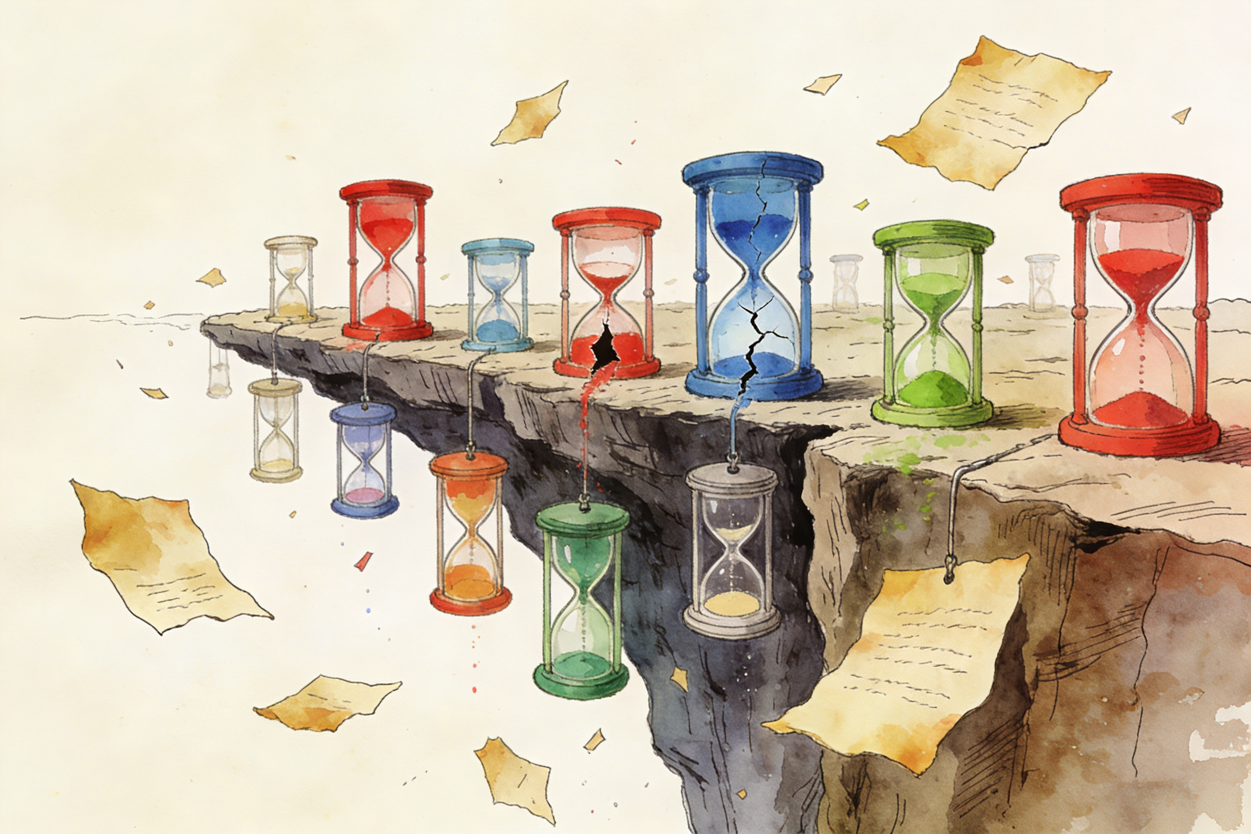 悬崖边上挂着几个不同颜色的沙漏，有的已经流空，有的即将破裂，羊皮纸，钢笔彩色手绘的统一风格。