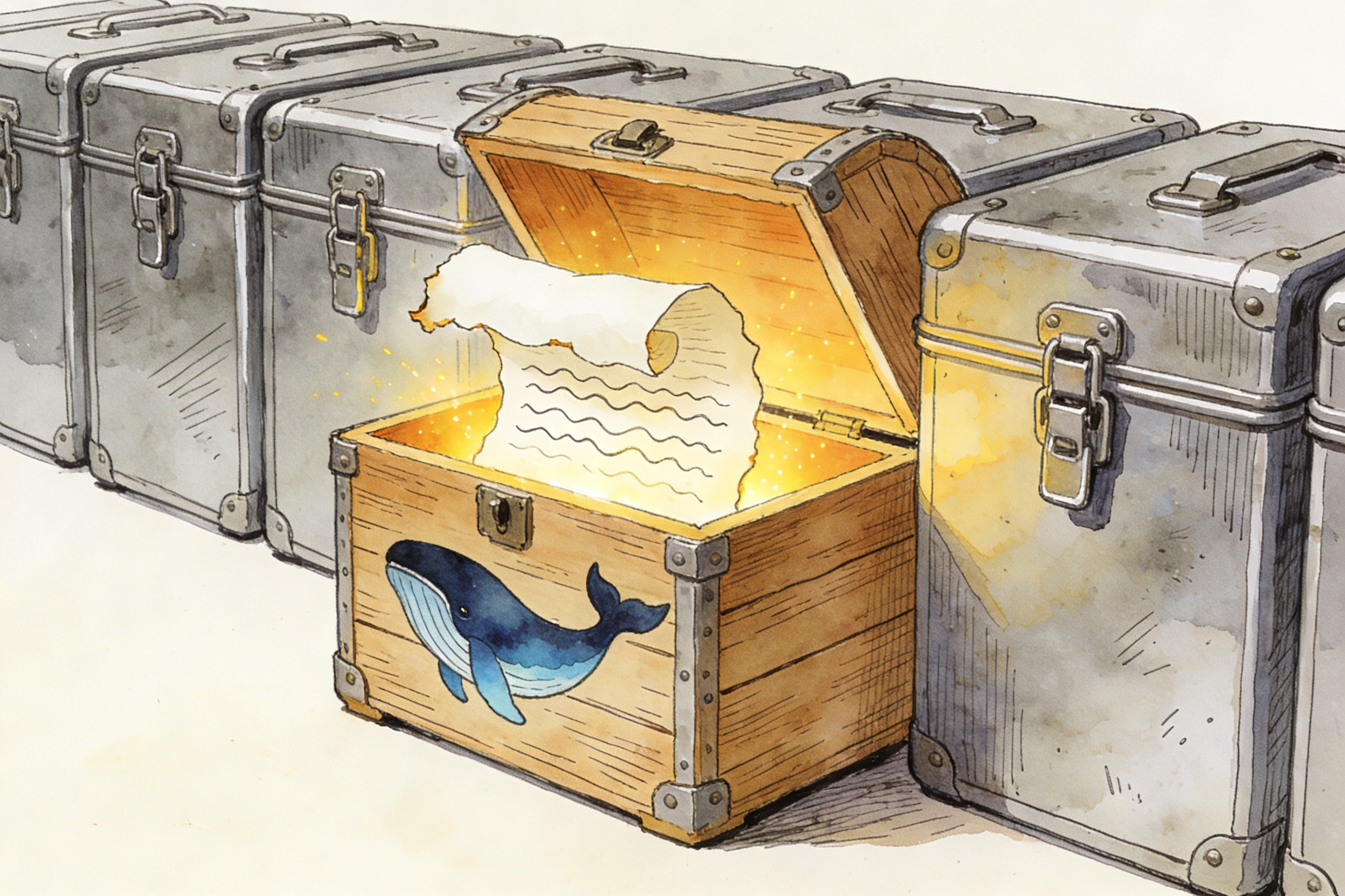 一排紧锁的铁盒中，唯独一个印有鲸鱼图案的木箱是敞开的，向外散发着温暖的光芒，羊皮纸，钢笔彩色手绘的统一风格。