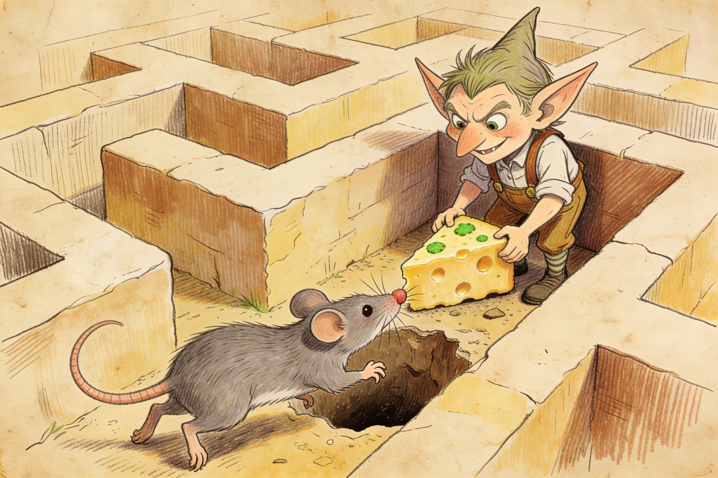 一个恶作剧小精灵在迷宫的死胡同里放了一块带毒的奶酪，另一只老鼠循着气味毫不犹豫地掉进了陷阱，羊皮纸，钢笔彩色手绘的统一风格。