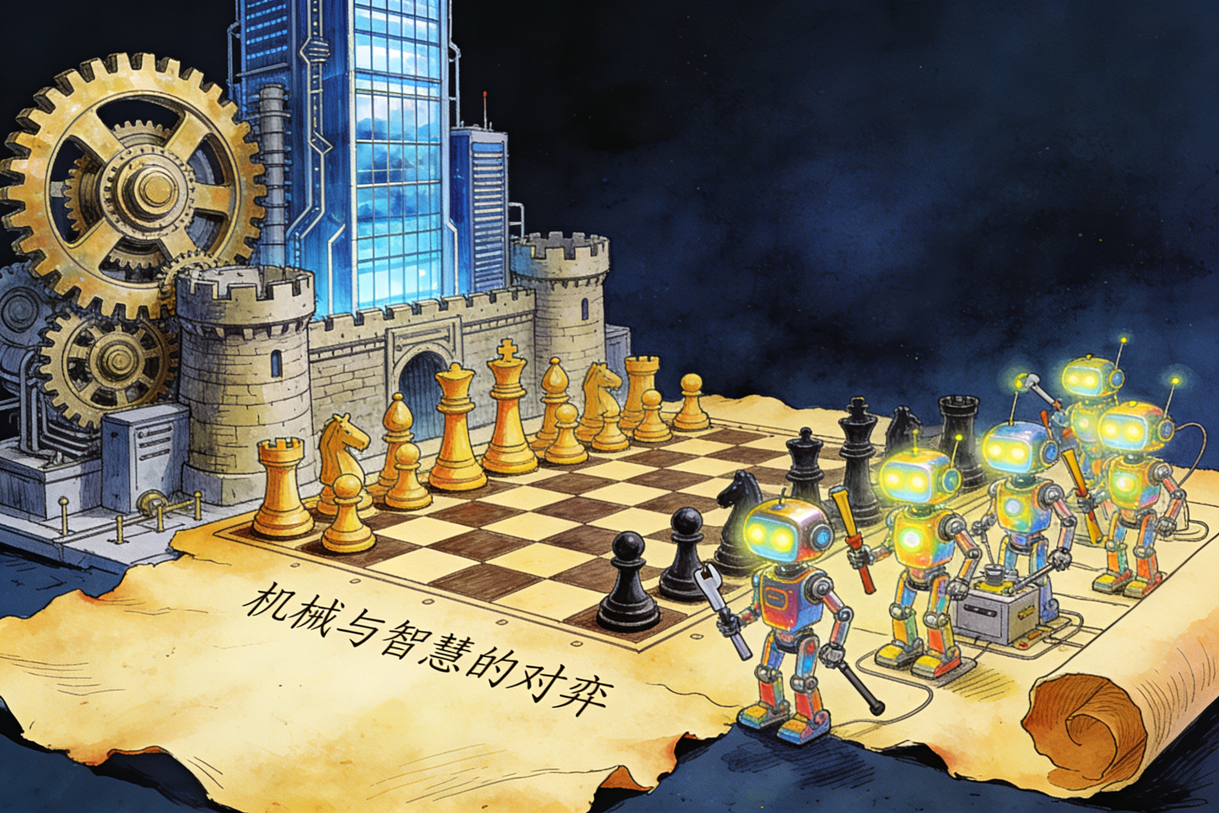 棋盘两端，一边是一座由巨大齿轮和超算高塔组成的宏伟堡垒，另一边是一群分工明确、高效运转的微型发光机器人，羊皮纸，钢笔彩色手绘的统一风格。