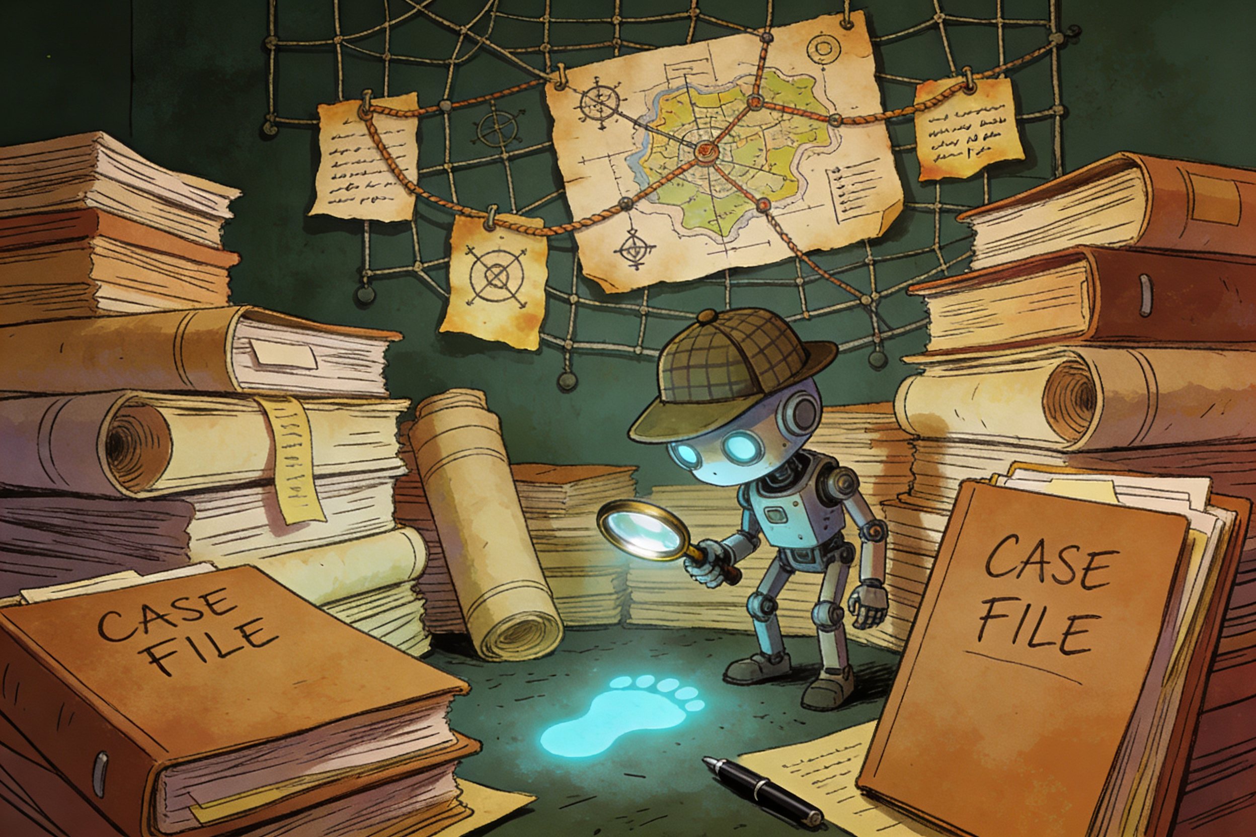 一个戴着侦探帽的机器人在巨大的卷宗堆里用放大镜寻找发光的脚印，墙上挂着复杂的线索追踪网，羊皮纸，钢笔彩色手绘的统一风格。