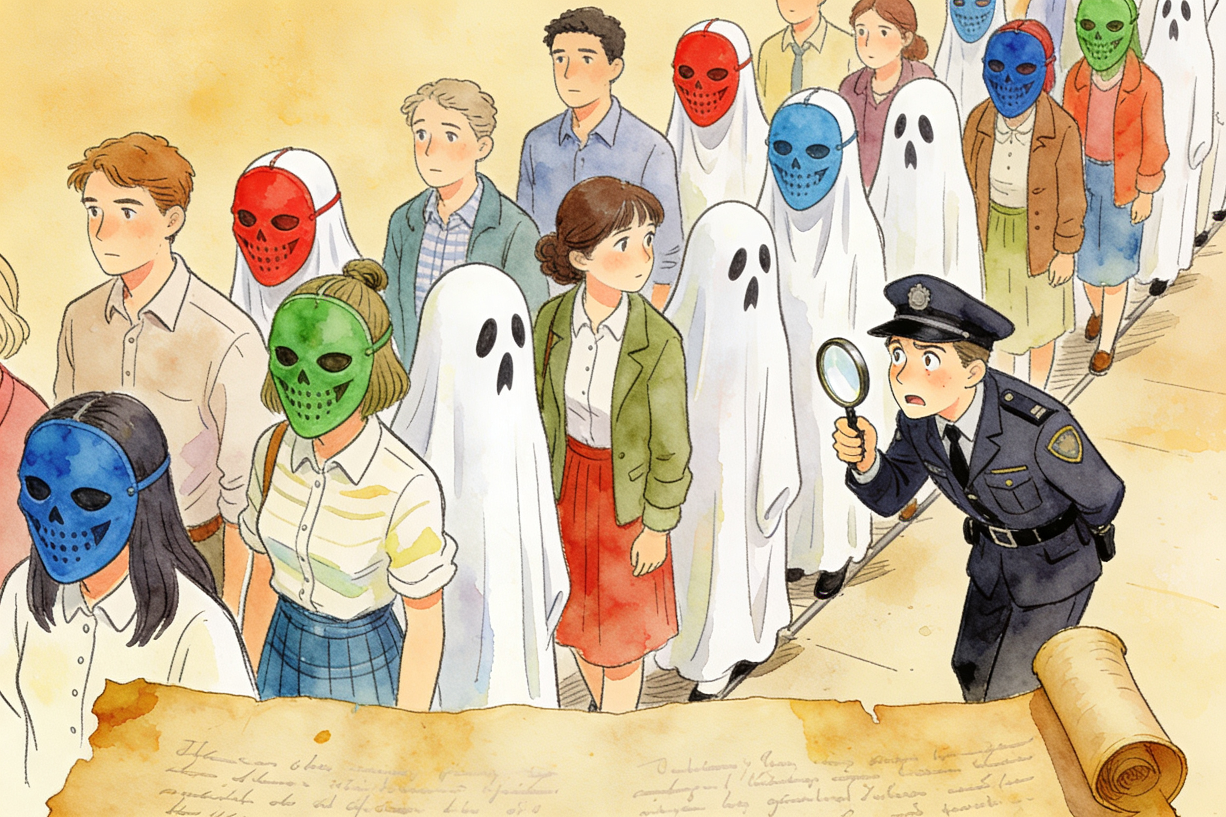 戴着各色伪装面具的小幽灵混在普通人群中排队，警卫拿着放大镜却无法分辨，羊皮纸，钢笔彩色手绘的统一风格。
