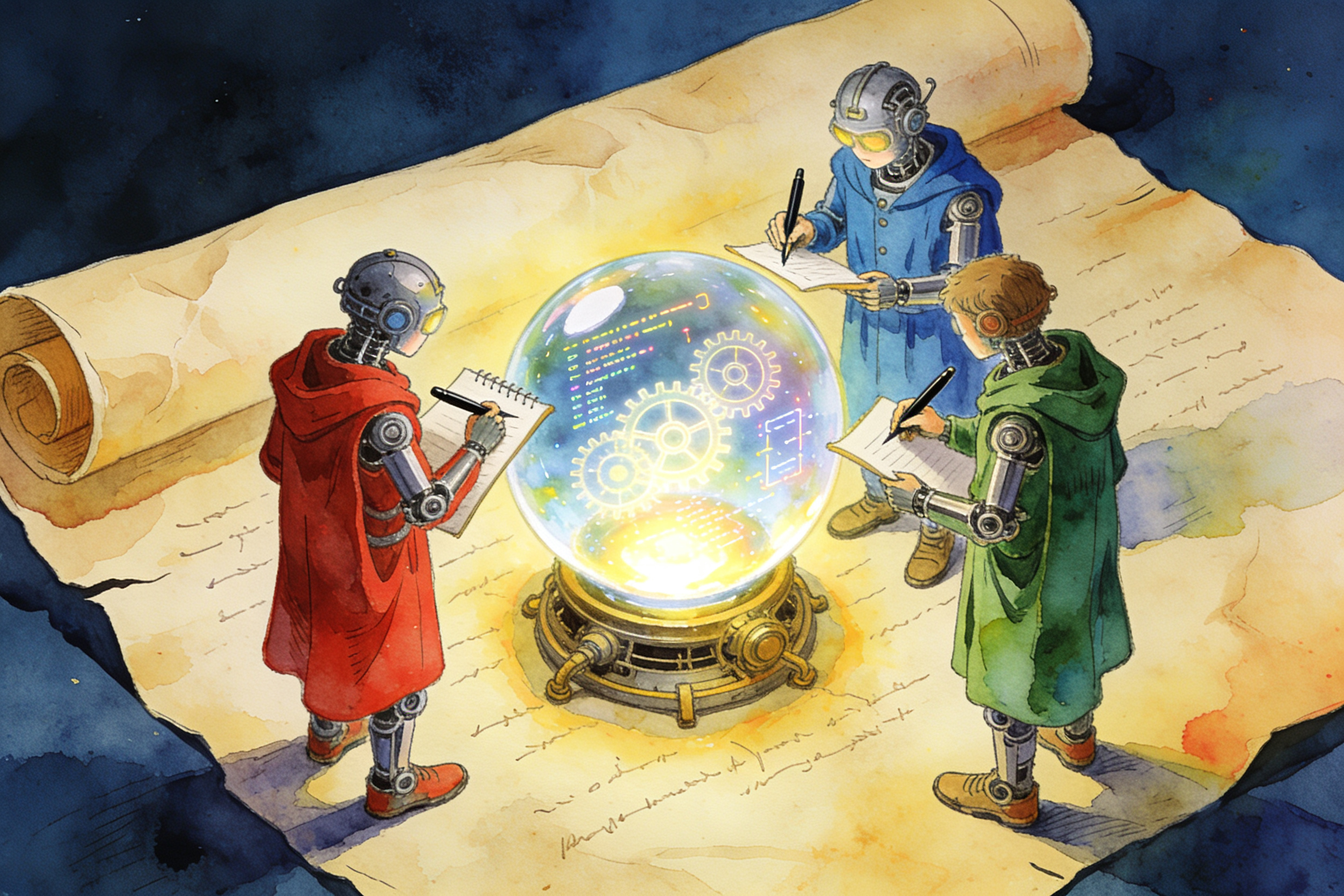 三个穿着不同长袍的机械学徒围绕着一个发光的水晶球做笔记，水晶球里浮现出齿轮和代码的幻影，羊皮纸，钢笔彩色手绘的统一风格。