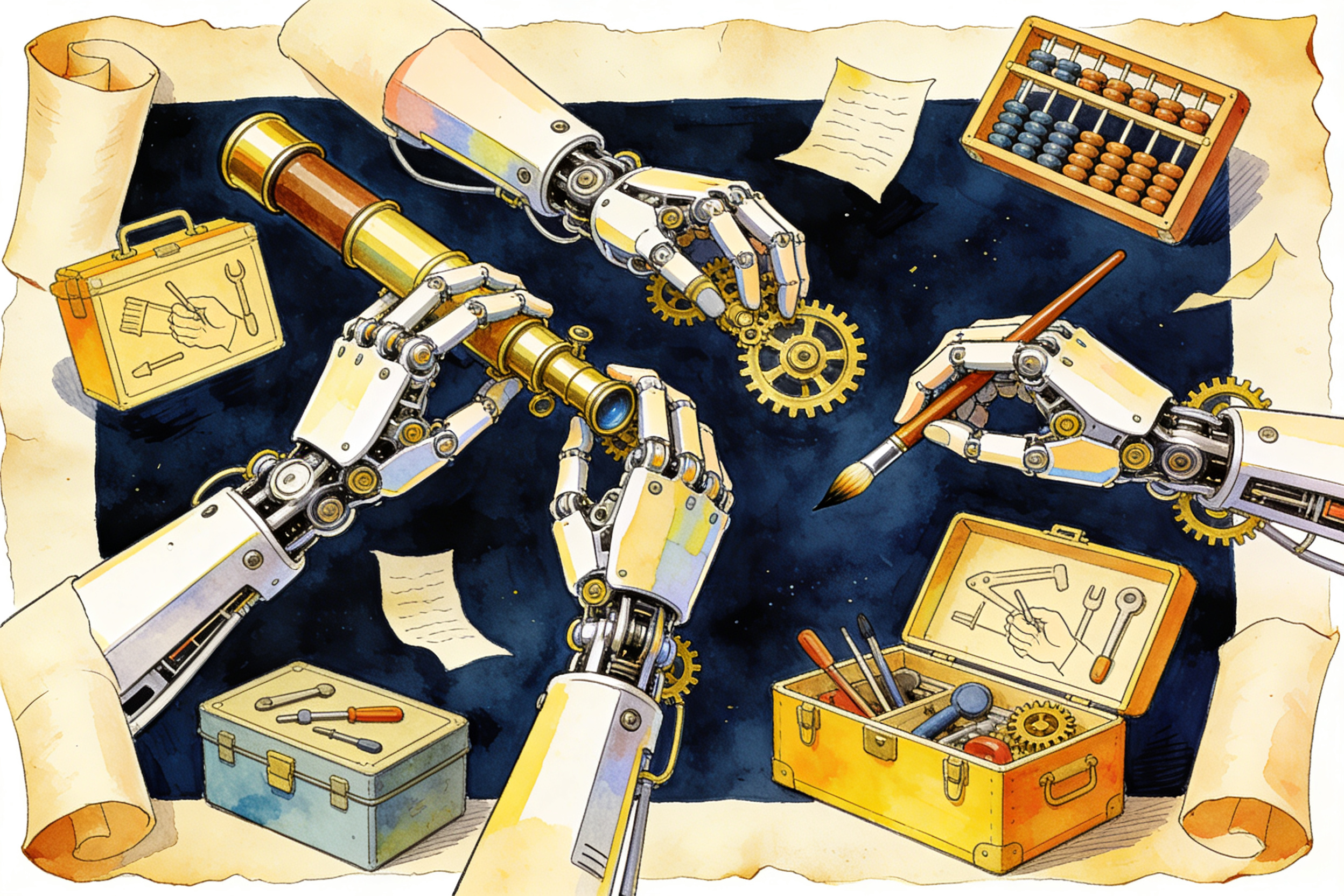 一个多只手臂的机械助手正在同时操作望远镜、画笔和算盘，周围漂浮着各种工具箱，羊皮纸，钢笔彩色手绘的统一风格。