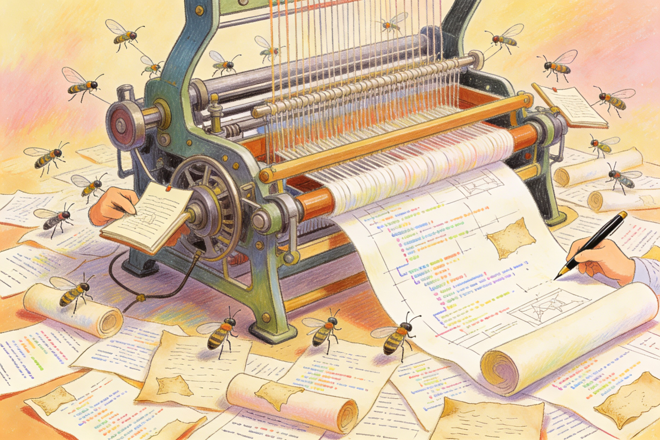 一群小飞虫正围绕着一台不断吐出新图纸的巨大机械编织机进行疯狂记录，地上散落着密密麻麻的编程卷轴，羊皮纸，钢笔彩色手绘的统一风格。
