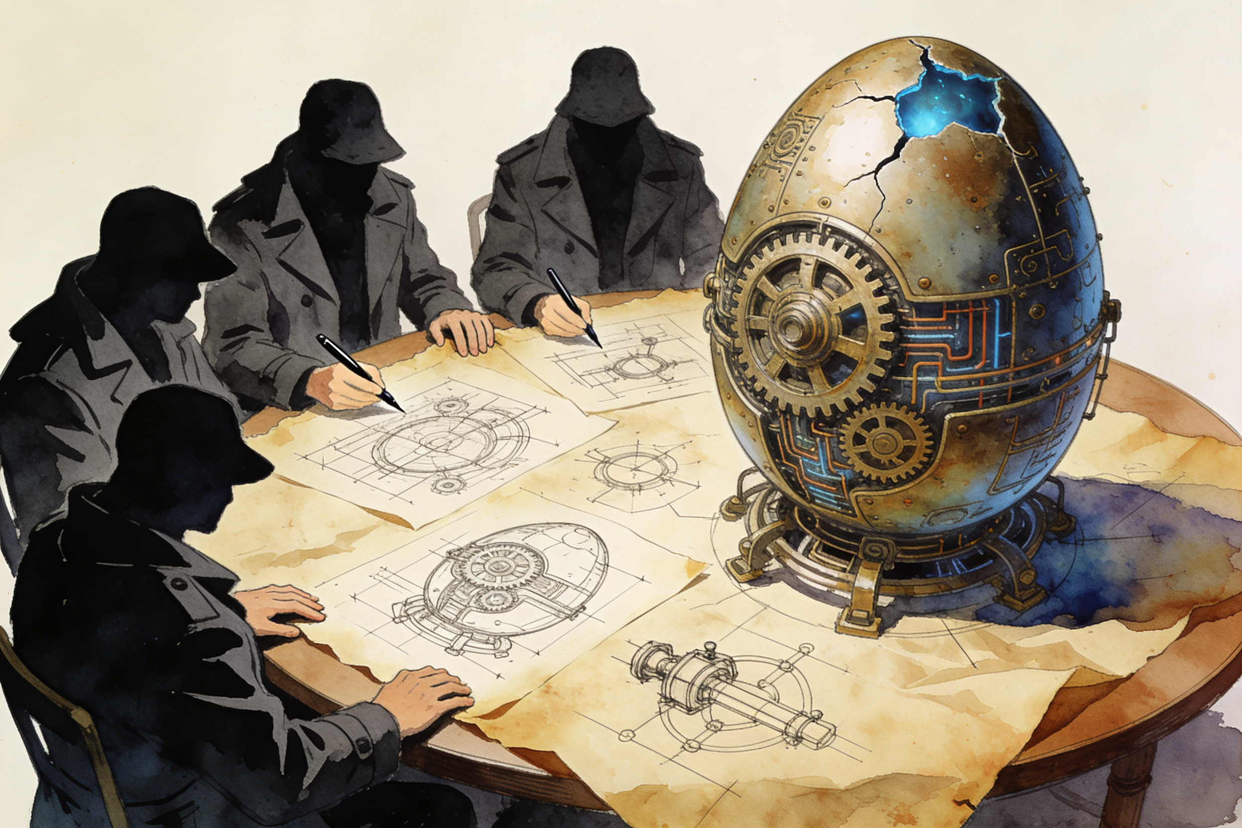 几个穿着风衣的暗影人物在圆桌前秘密拼凑着针对一只尚未孵化的机械巨蛋的捕获图纸，羊皮纸，钢笔彩色手绘的统一风格。