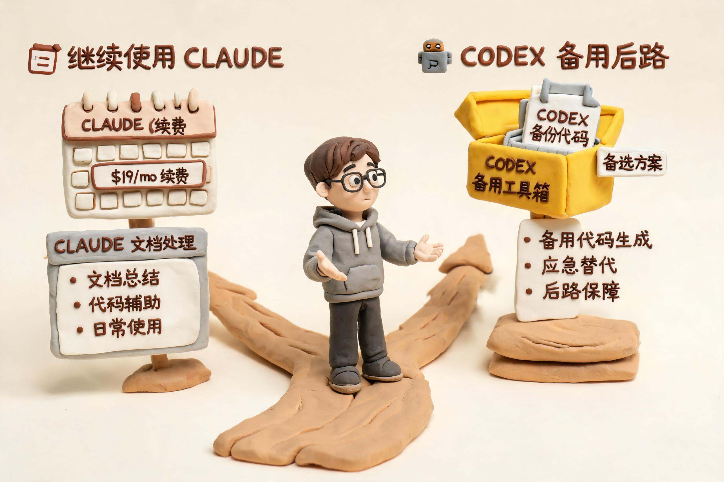一个开发者站在岔路口,一边是 Claude 账号续费日历和文档处理窗口,另一边是 Codex 备用工具箱,表现继续使用与保留后路的结尾选择,浅色背景的商业评论版橡皮泥平面信息图的统一风格。