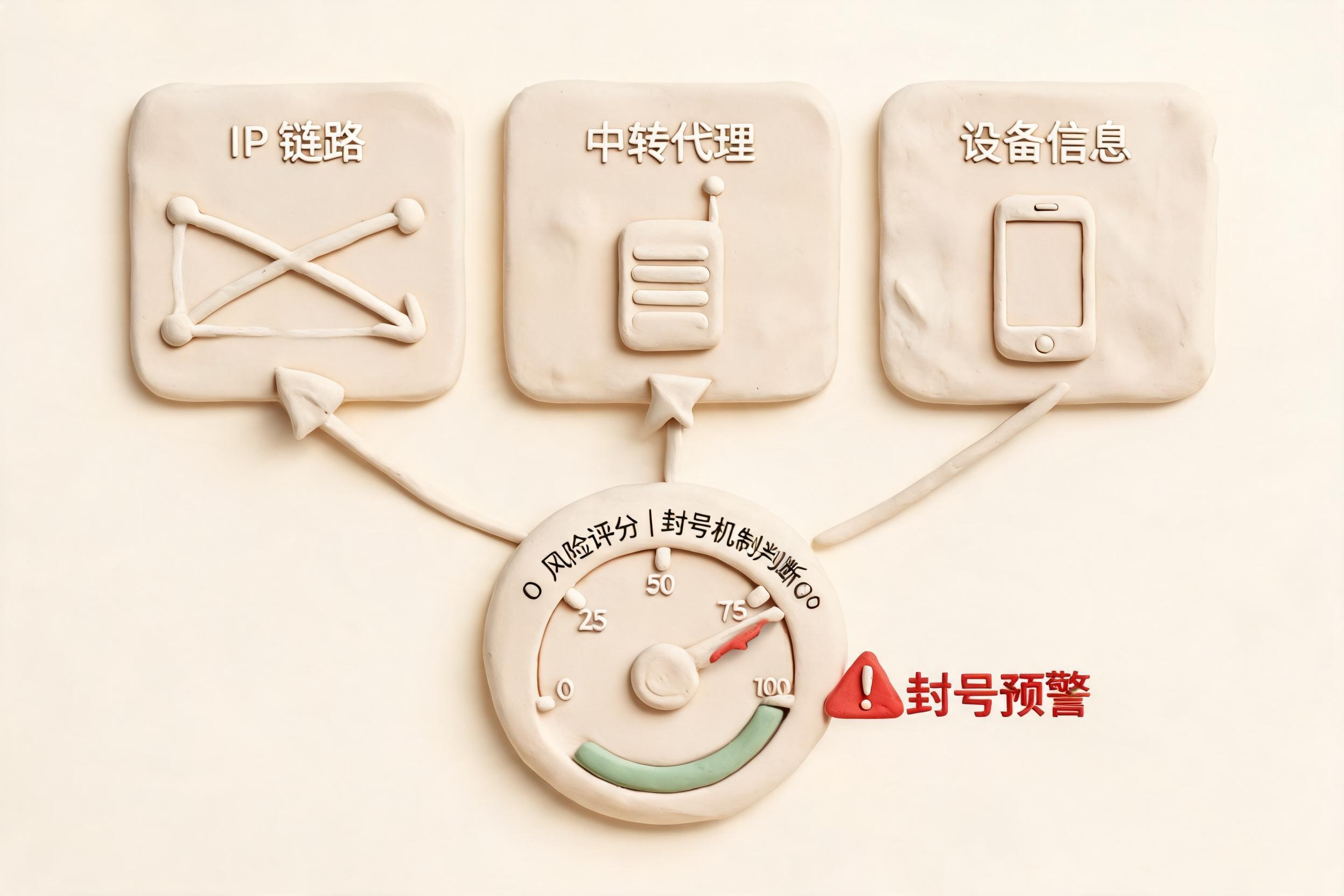 三个并排的检测模块分别标注为 IP 链路、中转代理、设备信息,箭头汇入一个风险评分仪表盘,呈现封号机制的多指标判断,浅色背景的商业评论版橡皮泥平面信息图的统一风格。
