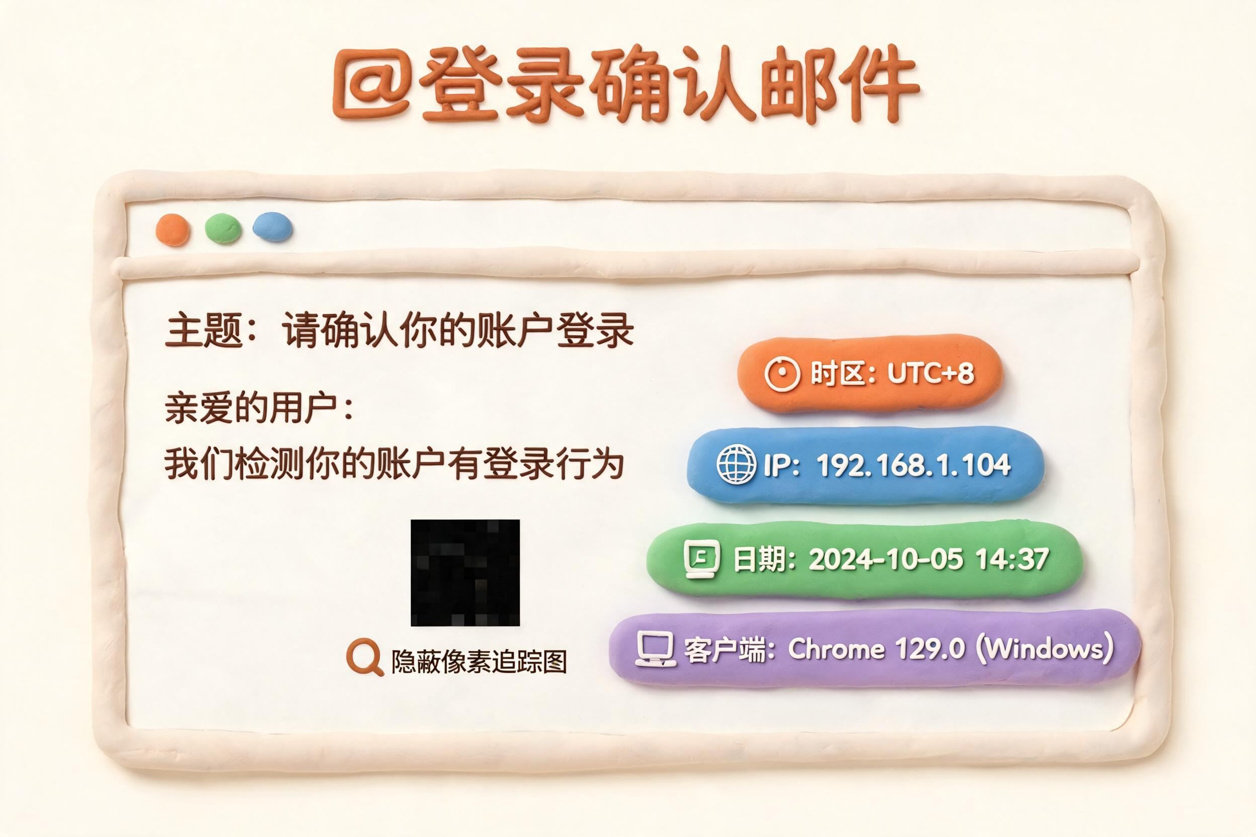 一封登录确认邮件中嵌着微小像素图片,旁边浮出时区、IP、日期格式和客户端信息标签,表现隐蔽信息采集流程,浅色背景的商业评论版橡皮泥平面信息图的统一风格。
