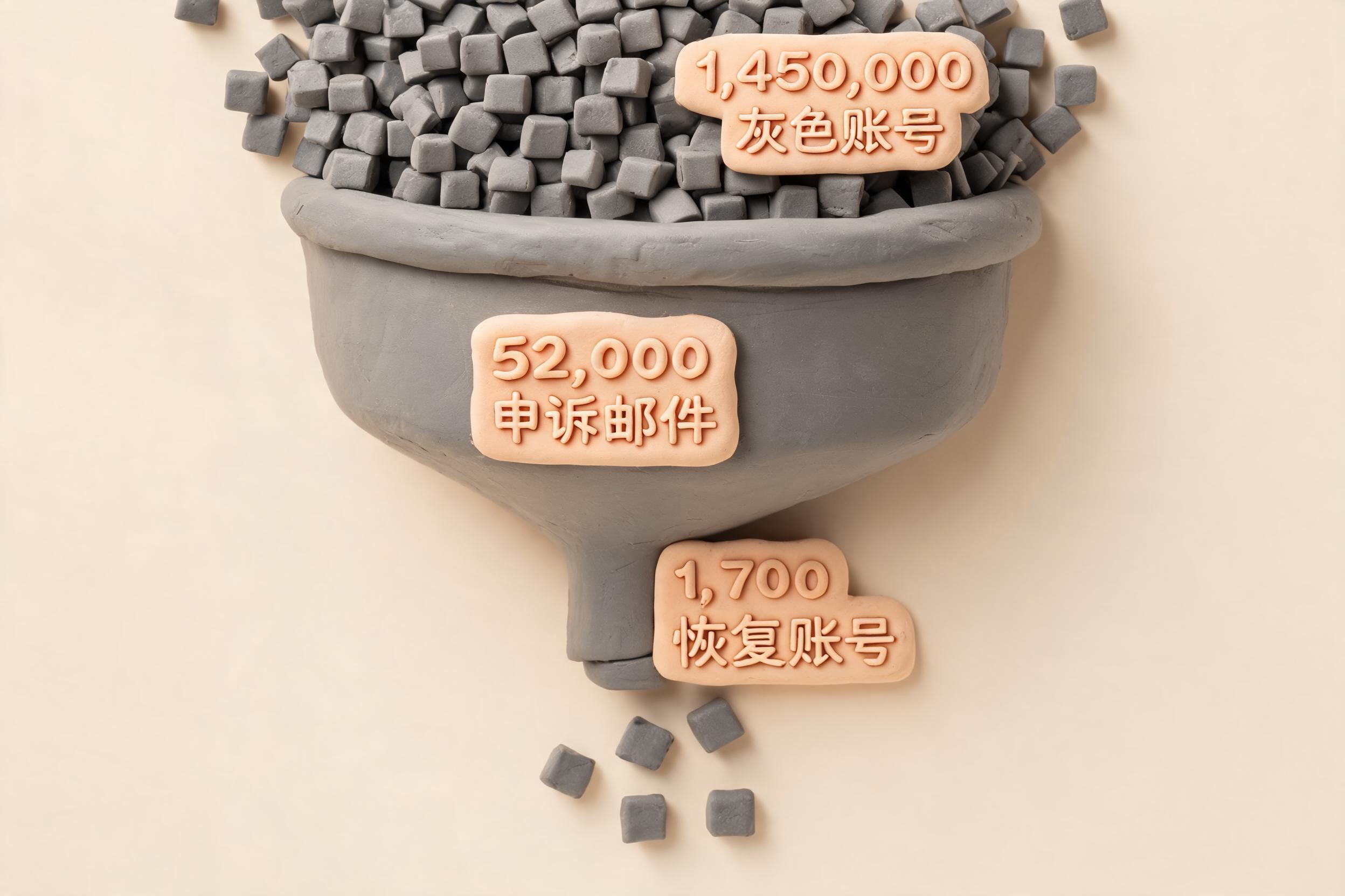一个巨大的漏斗上方倒入 145 万个灰色账号小方块,中间标出 5.2 万封申诉邮件,底部只落下 1700 个恢复账号,突出申诉成功率很低,浅色背景的商业评论版橡皮泥平面信息图的统一风格。