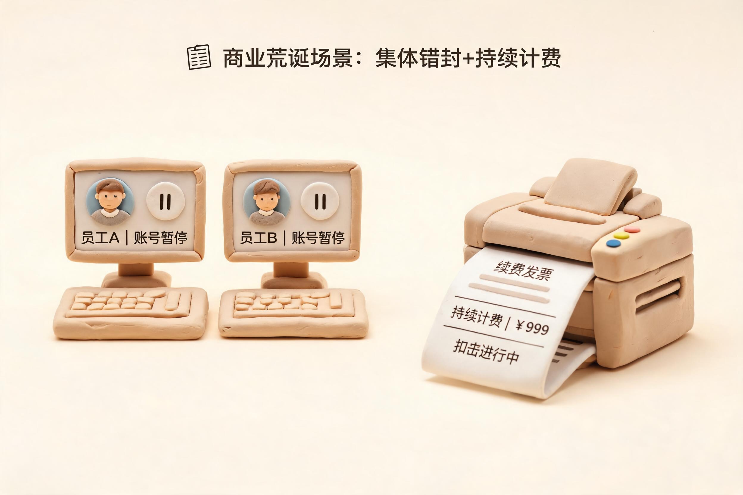 两家公司办公桌上的员工账号头像同时变成暂停状态,一张续费发票仍在打印,表现企业集体错封与继续计费的荒诞场景,浅色背景的商业评论版橡皮泥平面信息图的统一风格。