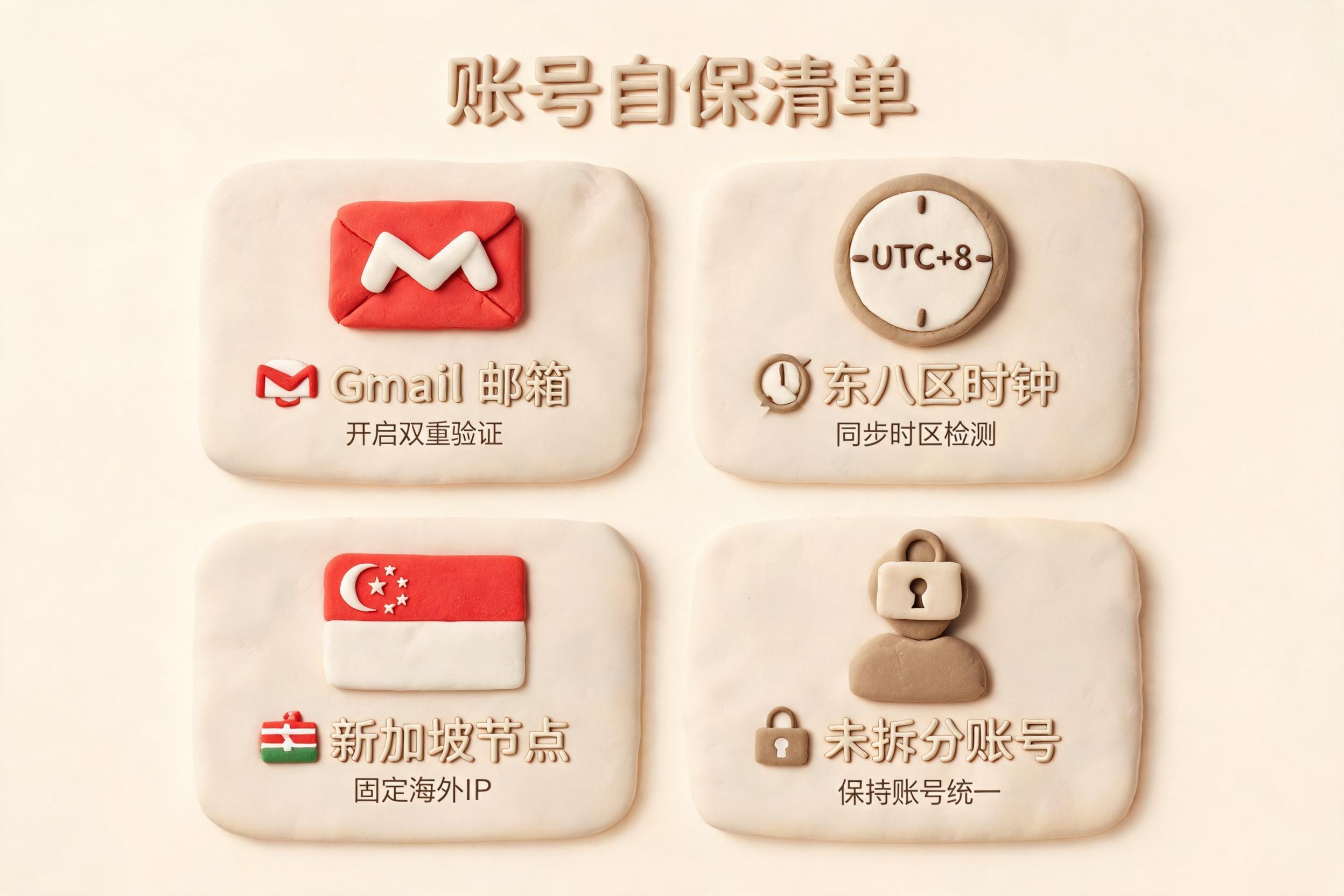 一个用户在桌面上摆出 Gmail 邮箱、东八区时钟、新加坡节点和未拆分账号四个防护卡片,构成账号自保清单,浅色背景的商业评论版橡皮泥平面信息图的统一风格。