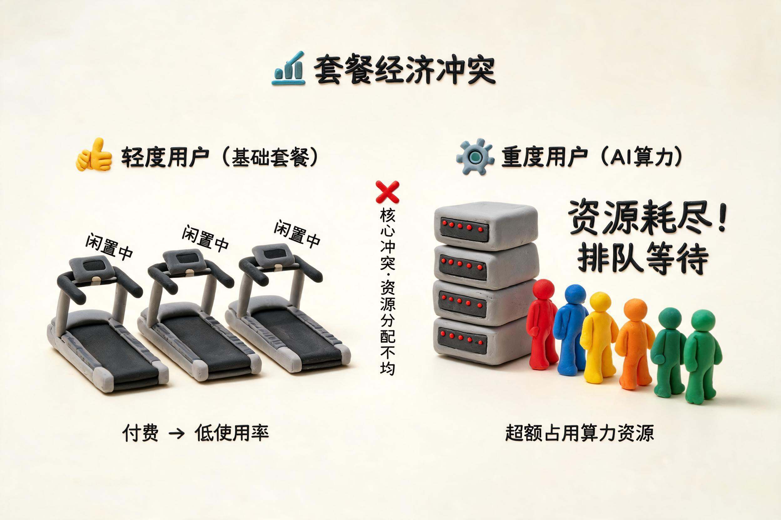健身房式订阅模型被改画成 AI 算力机房,轻度用户空着跑步机,重度用户排队占满服务器资源,表现套餐经济与重度使用者冲突,浅色背景的商业评论版橡皮泥平面信息图的统一风格。